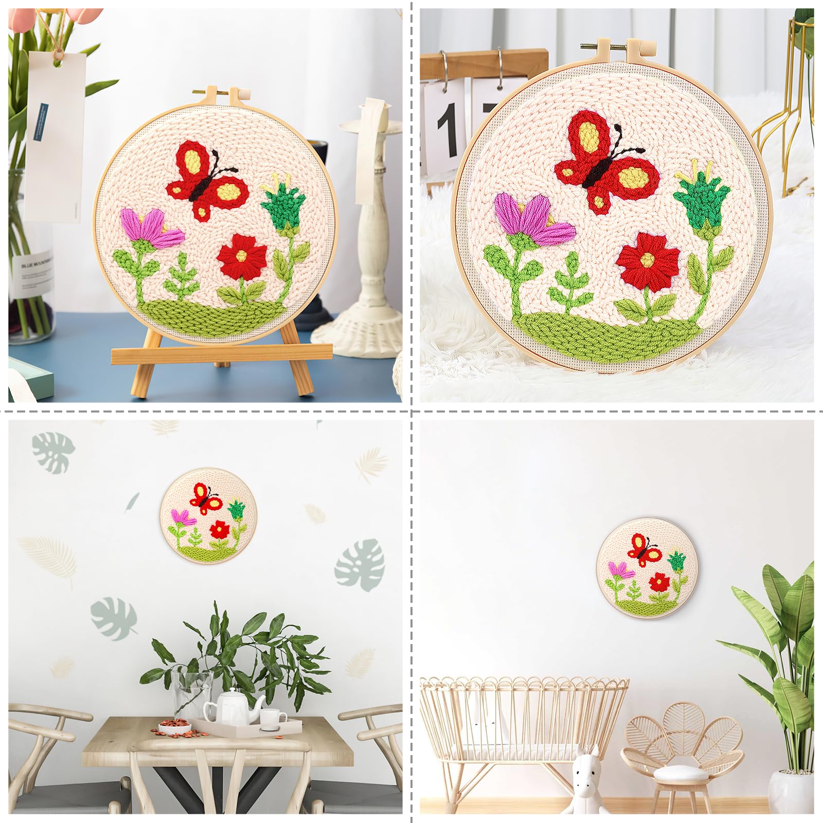 JSRQT Farfalla Fiori Punch Needle Ricamo Kit, Kit Iniziale Per