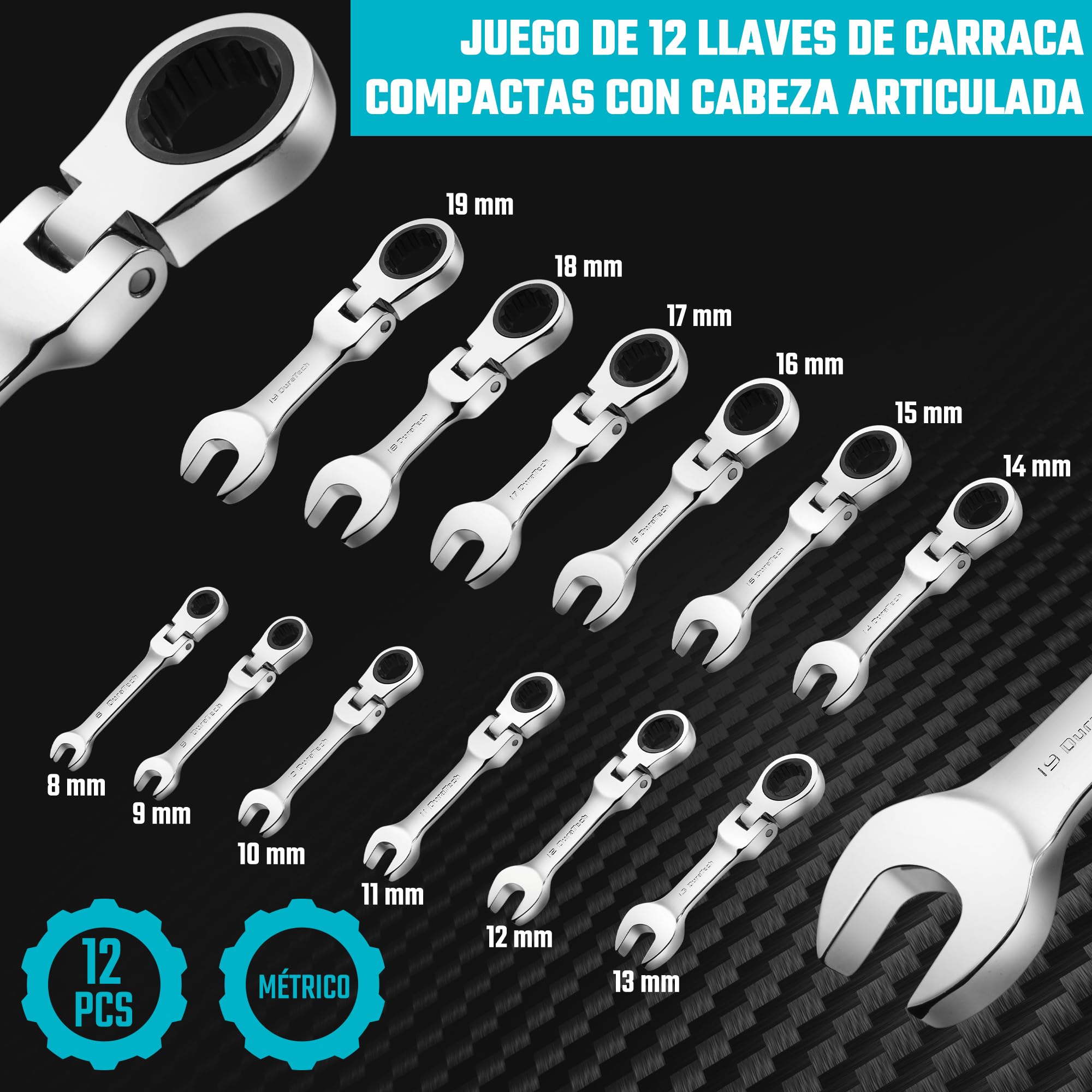 DURATECH Juego de llaves combinadas de trinquete Stubby Flex-head, métricas, 12 piezas, 8-19 mm, acero CR-V, con bolsa
