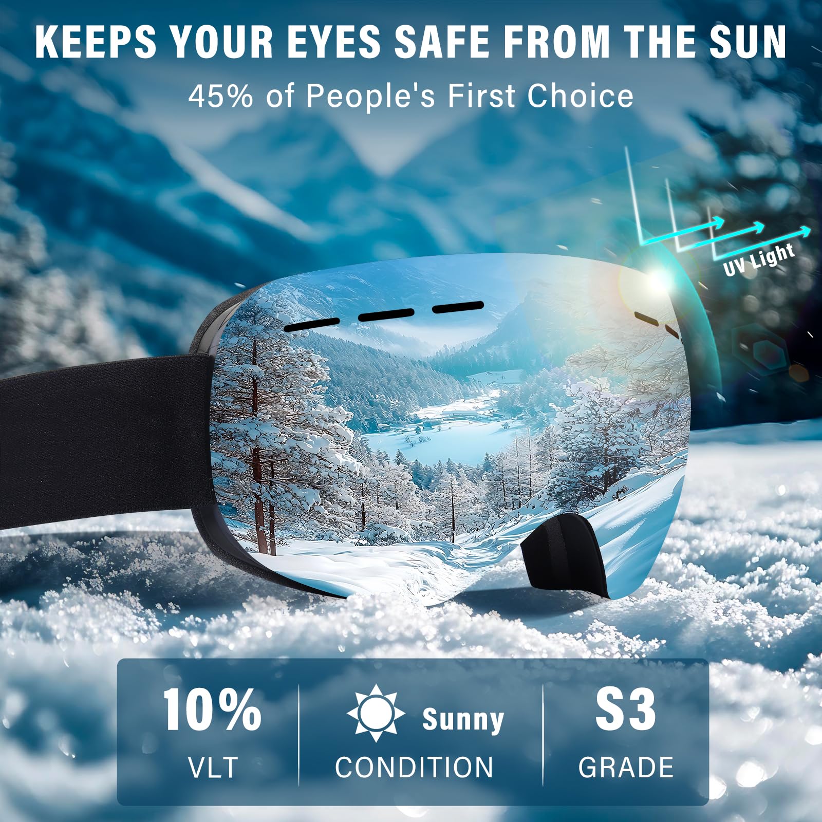 Srebrne gogle narciarskie z torbą do przechowywania i etui, gogle snowboardowe dla mężczyzn, kobiet, młodzieży, 100% ochrona przed promieniowaniem UV, przeciwmgielne