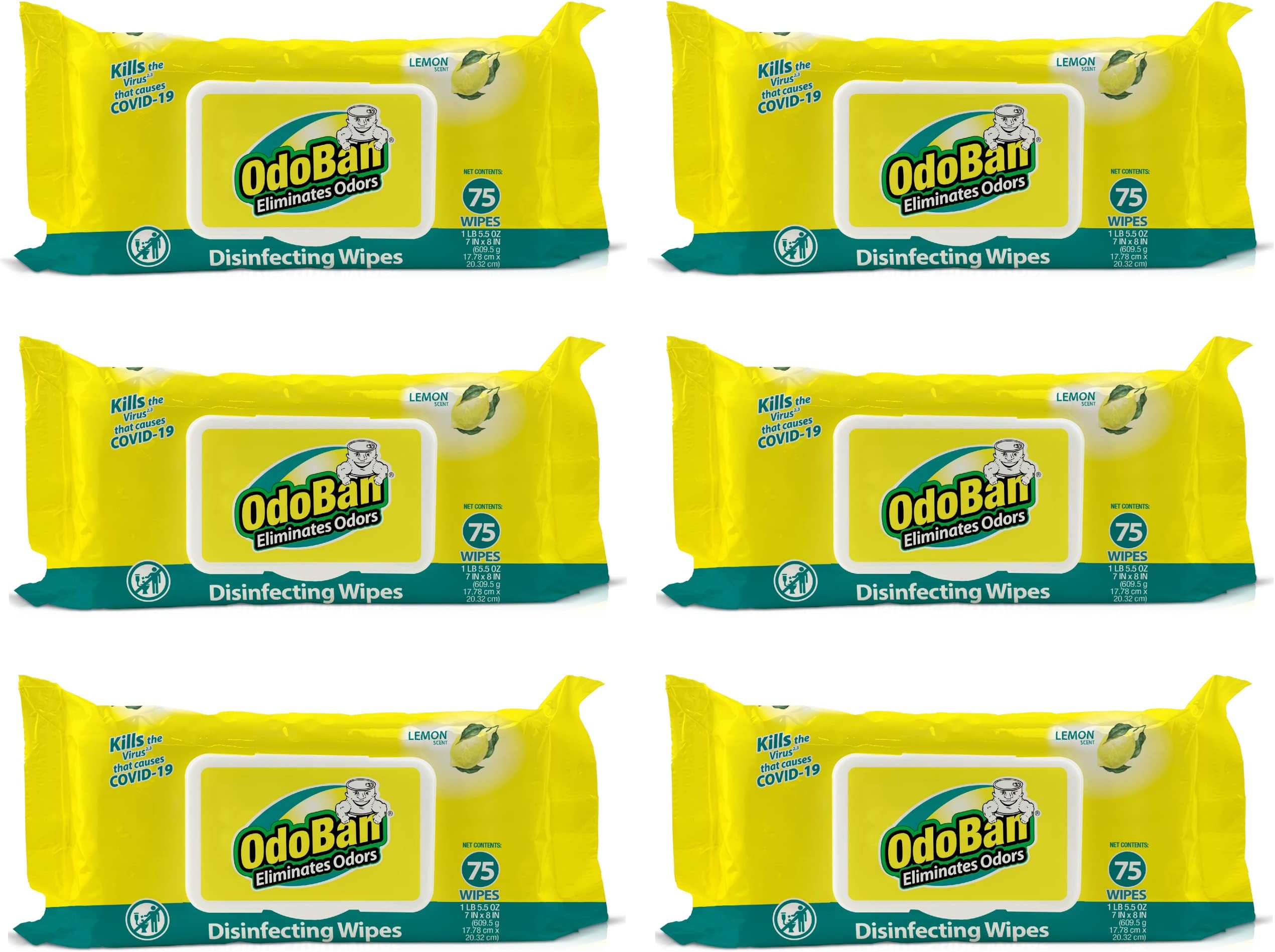 OdoBanDisinfectant and Odor Eliminating Wipes, Air Freshener, 6 Pack, 75 Wipes per Package, Lemon Scent