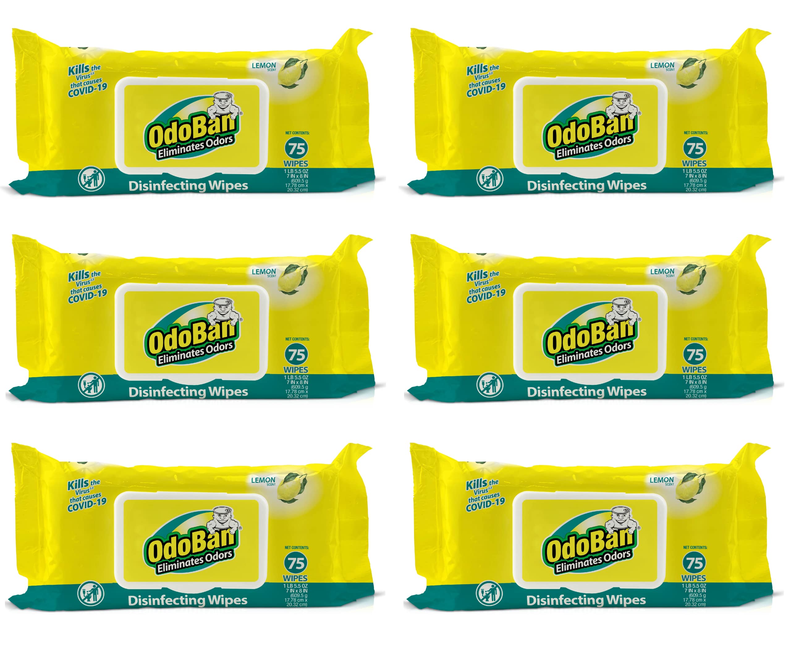 OdoBanDisinfectant and Odor Eliminating Wipes, Air Freshener, 6 Pack, 75 Wipes per Package, Lemon Scent