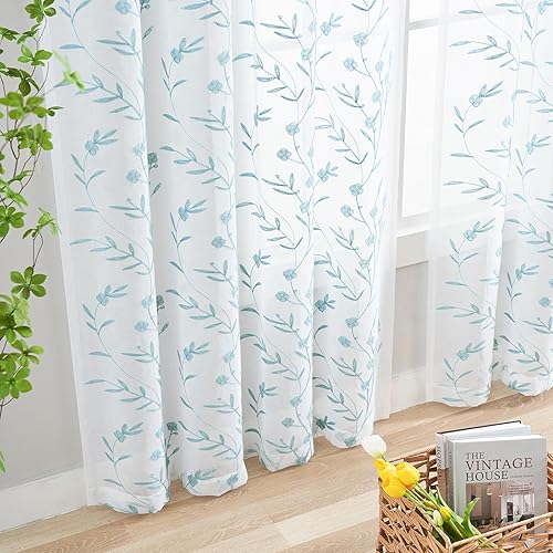 Miniatura 5 de Cortinas traslúcidas con bordado floral azul de 84 pulgadas de largo, cortinas de encaje con bolsillo para barra para sala de estar, dormitorio, 2