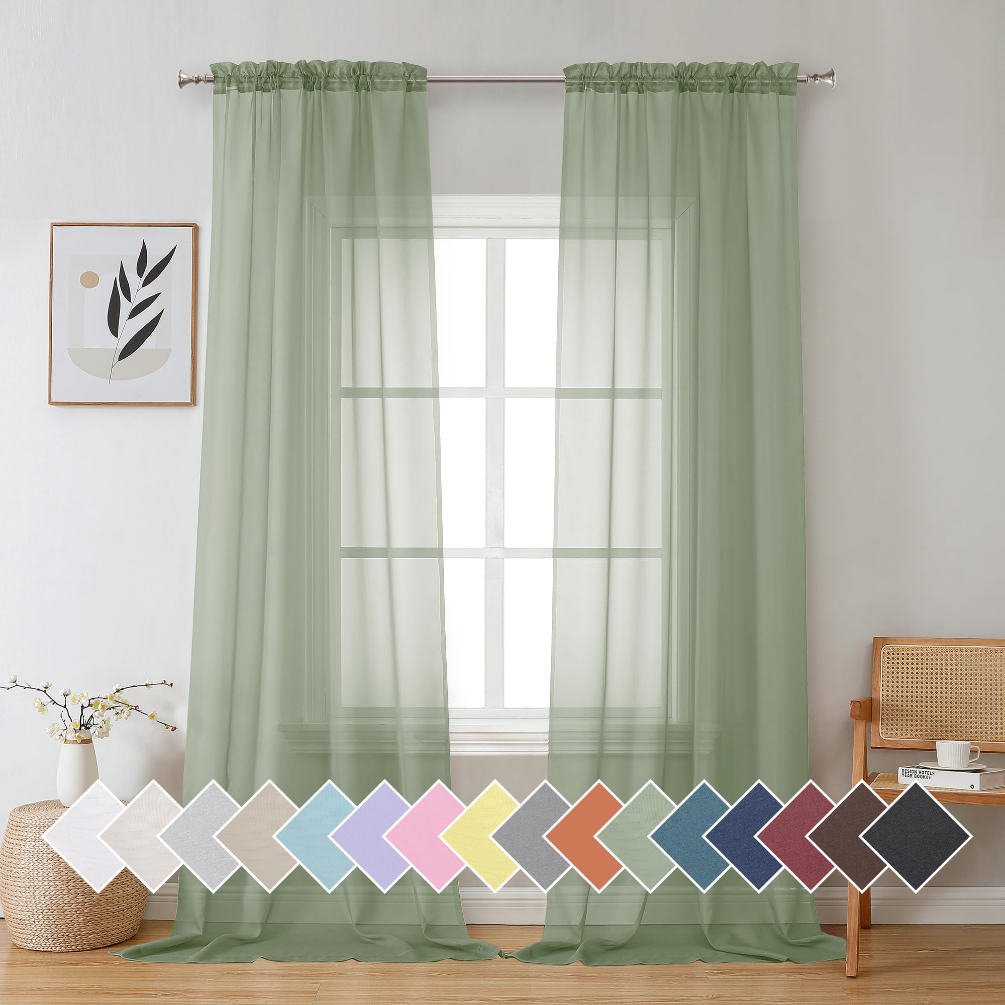 Amazon.com: Aiyufeng Sage Green Sheer Curtains 96 Inch Length 2 PCS ...