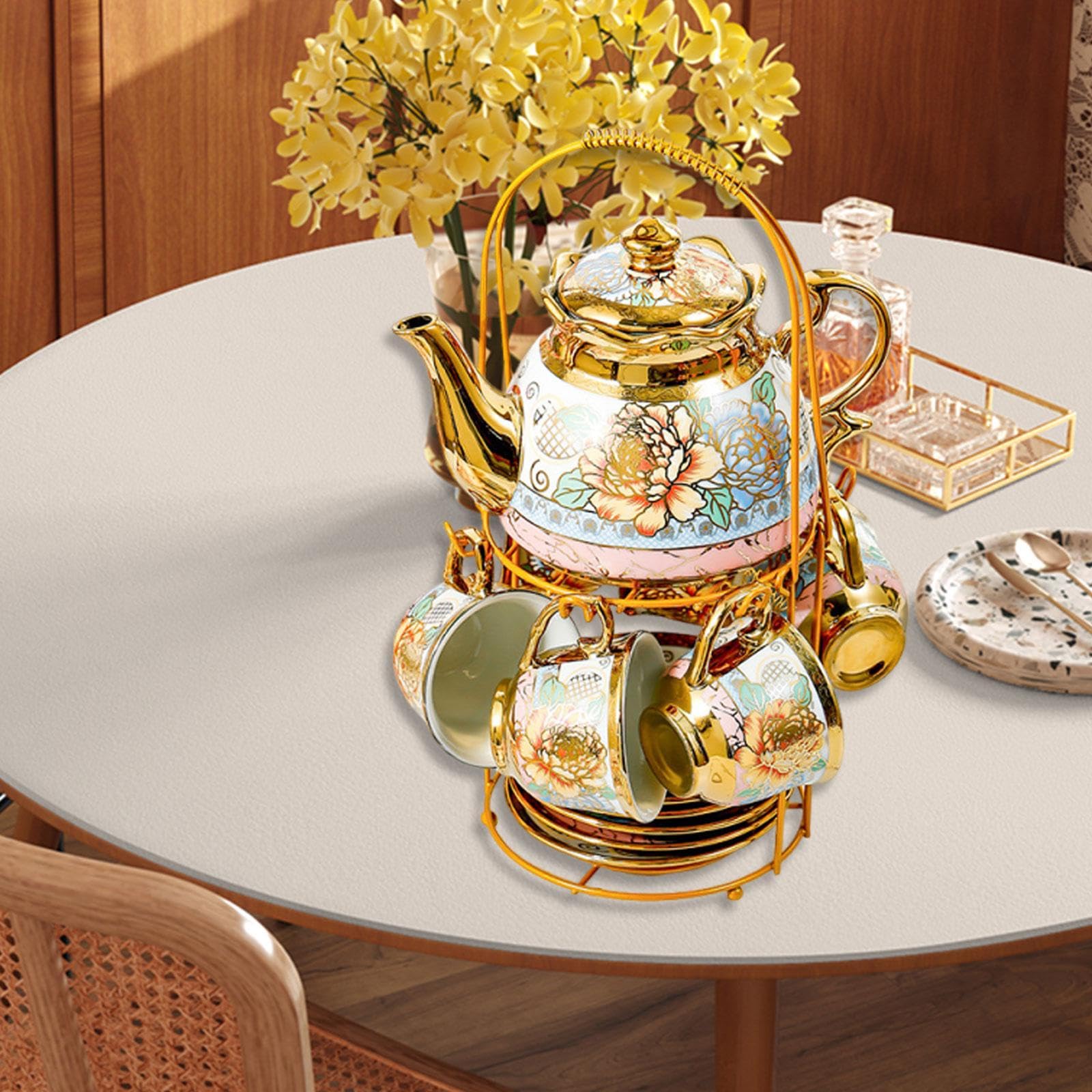 rockible Set da tè in ceramica con motivo floreale, regalo di compleanno, set di teiera, tazza e piattino, tazza da caffè in ceramica per qualsiasi occasione,