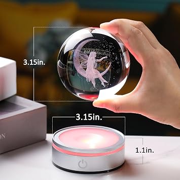 3D Crystal Ball Moon & Fairy Figurines Decor Gifts for Women Girls with Colorful LED Base, Laser Eatch Glass Fairy Statue Snow Globe Home Decor Crafts - 3.15/8CM