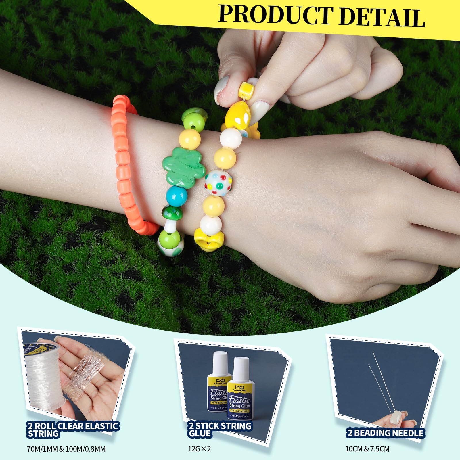 FANDAMEI Elastic String for Bracelets Making Kit, 1mm&0.8mm Clear Bracelet String, Stretchy String with 24g Jewelry Glue for Elastic String & 2 Beading Needles for DIY Necklaces, Bracelets & Jewelry