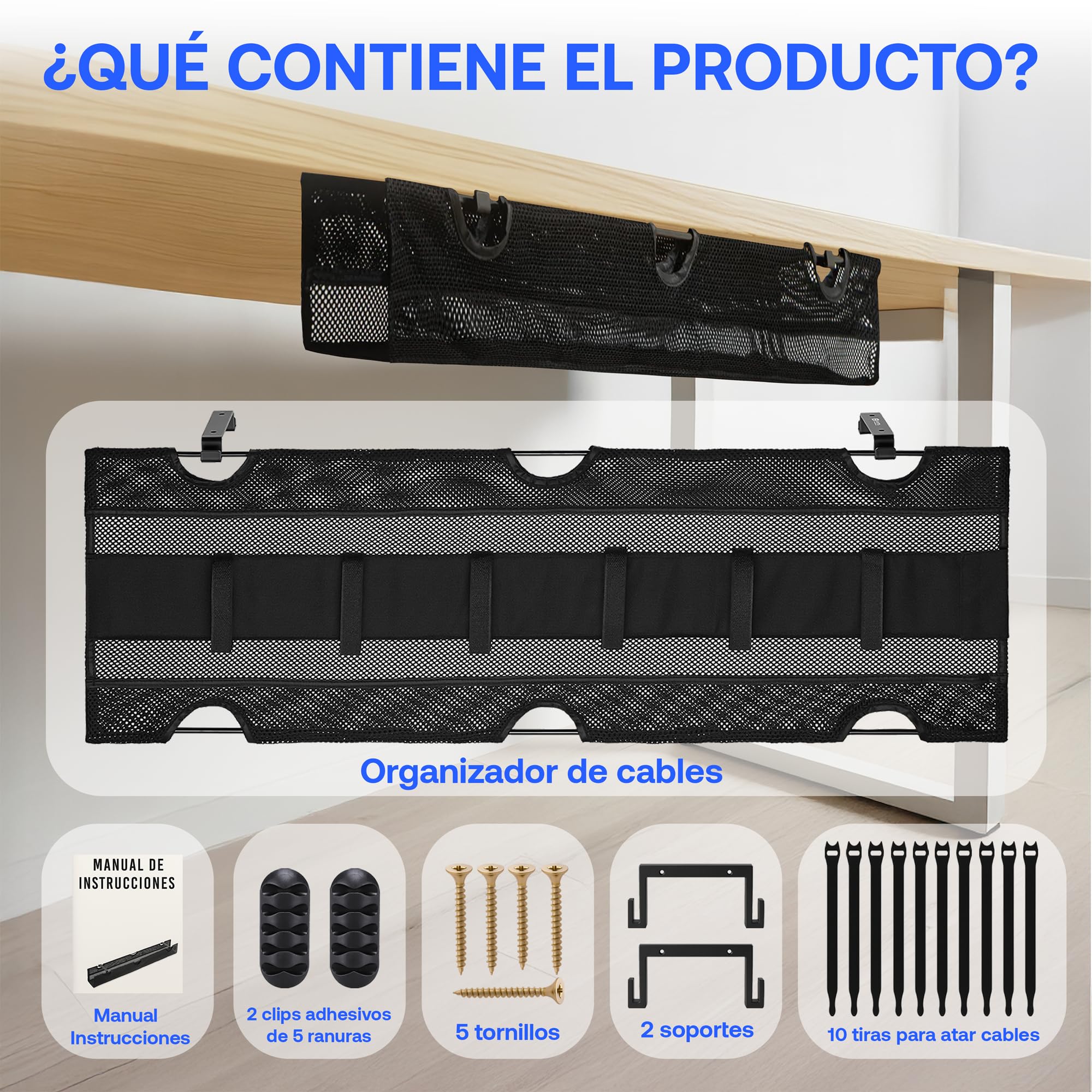Recoge Cables Escritorio | Soporte Regleta Escritorio | Bandeja Organizador de Cables | Organizador Cables Mesa | Bandeja para Cables | Malla Cables | Esconde Cables - 4