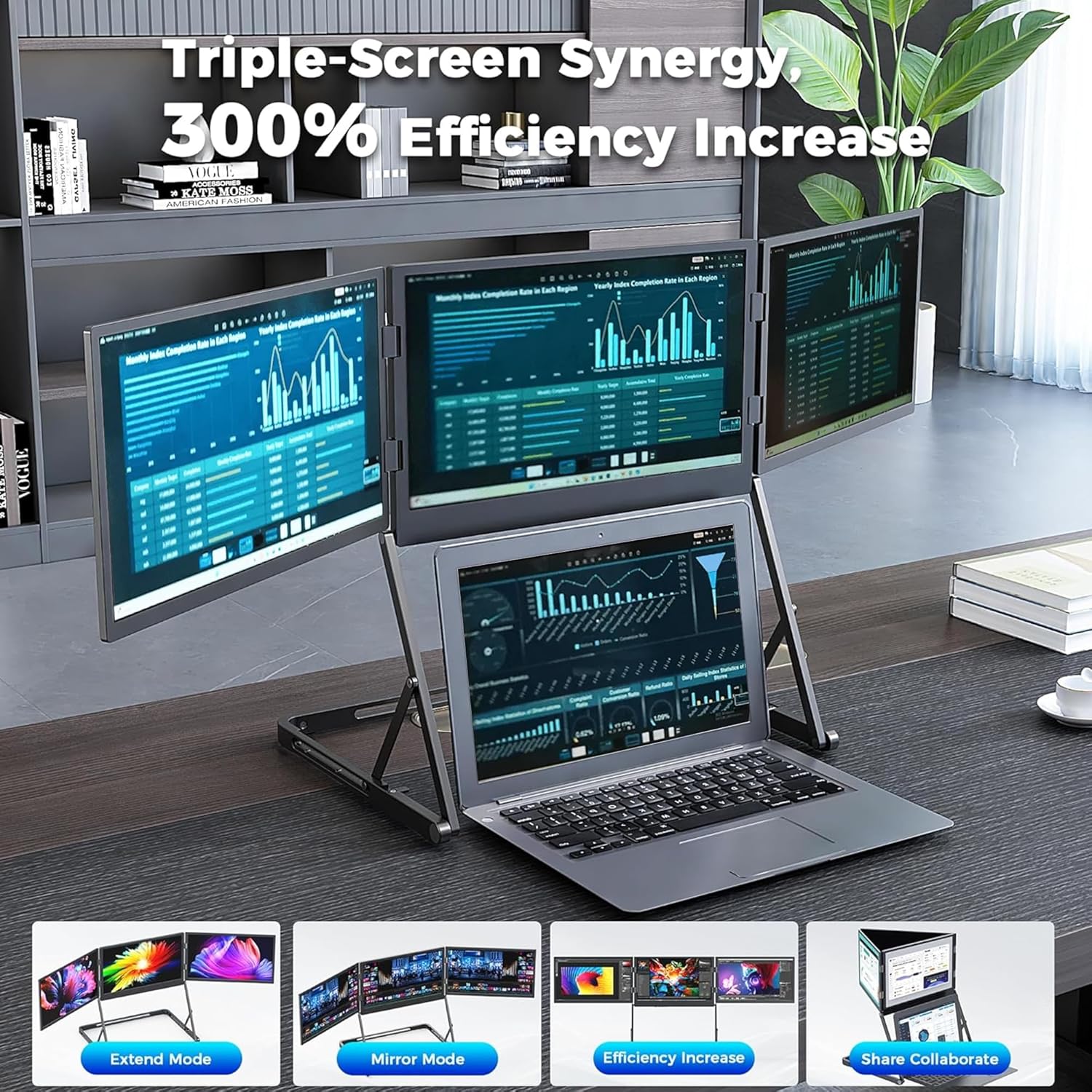 15.6" Laptop Screen Extender Monitor Portable, Quad Monitor, Just 1 Cable for 3 Screens, FHD 1080P IPS Laptop Extender Compatible with Wins/Mac for 13.6" - 17.3" Laptops (Triple screen, Grey, 15.6")