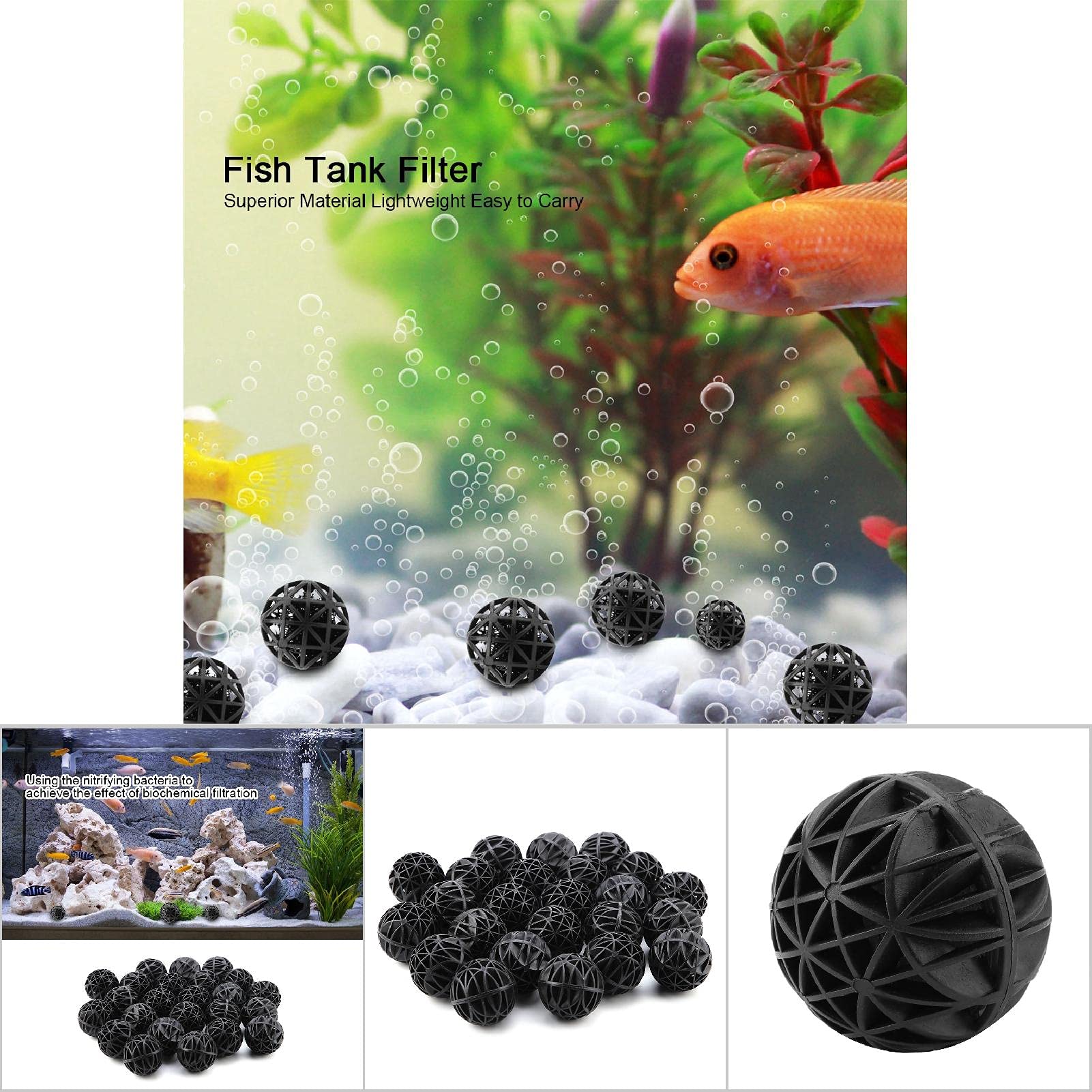 Bola bioquímica de filtro bio poroso de 50 piezas, medios de filtro de bolas biológicas con material de filtro de estanque de acuario de algodón, bolas de filtro bio para peces, (46 mm con algodón)