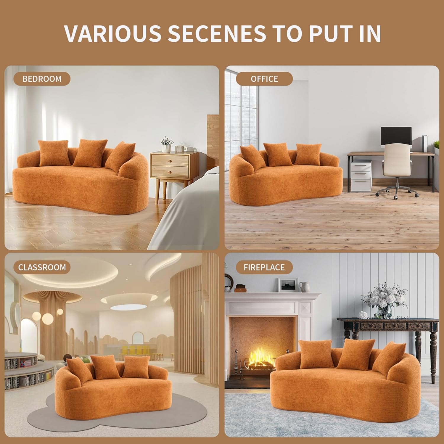 65" W Chenille Curved Loveseat, No Assembly Required, Full Compression Sponge Plush Couch with 3 Pillows, Luxury Floor Cloud Boneless Couches for Small Spaces & Living Room (Orange)