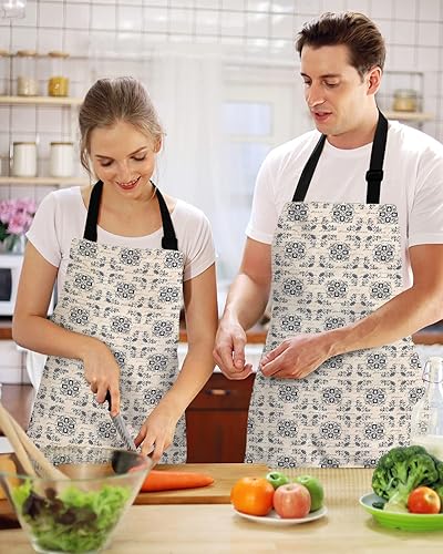 Miniatura 2 de Waterproof Apron with 2 Pockets, Vintage Middle Agesl Floral Text Pattern Adjustable Man and Women Kitchen Bib Apron for Baking Cooking Restaurant