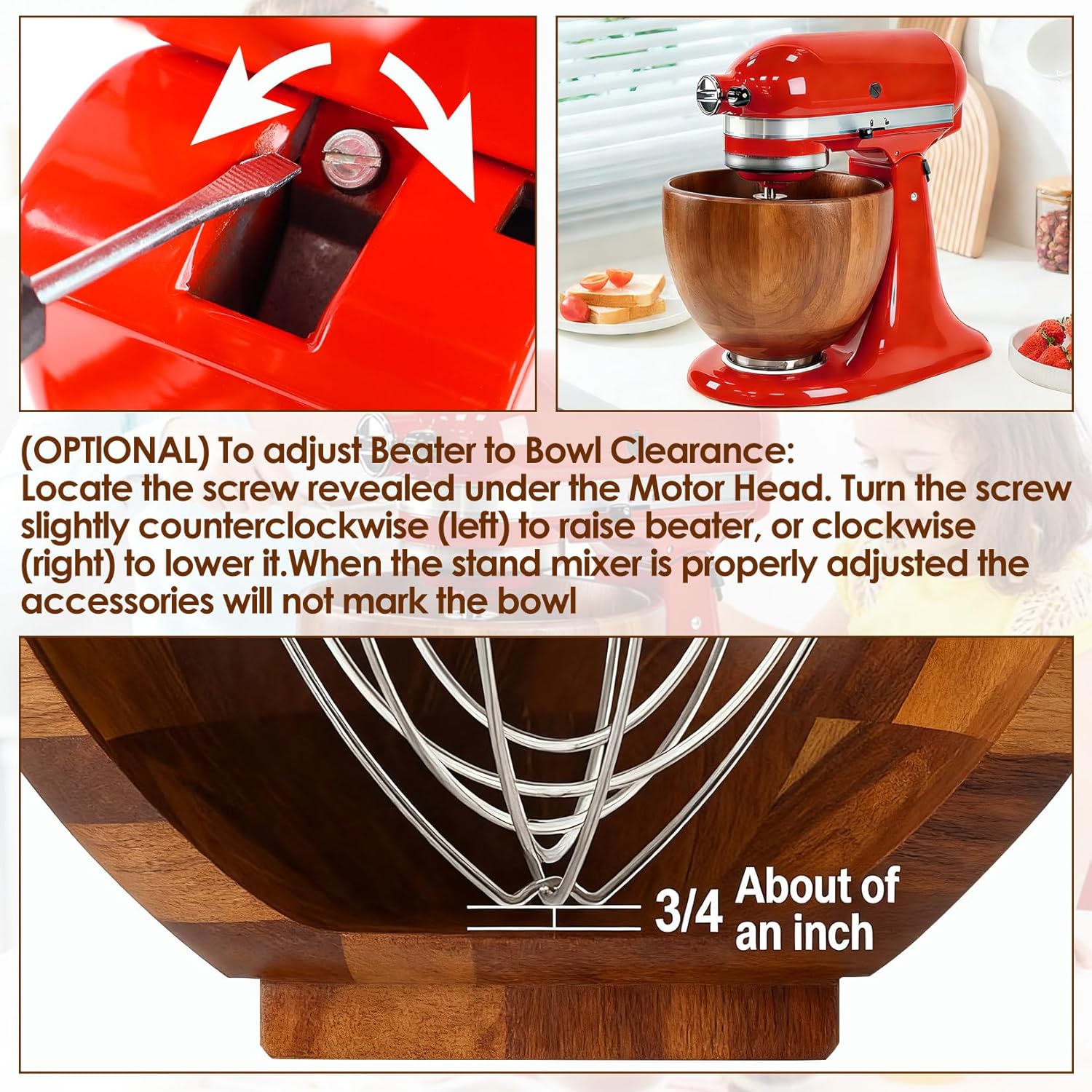 5 Qt Wood Mixing Bowl, Compatible with KitchenAid 4.5-5 Quart Tilt-Head Stand Mixers, Vortex Flow Design, Handcrafted Acacia Wood Replacement Bowl with Stainless Steel Base, Quiet Non-Stick for Baking