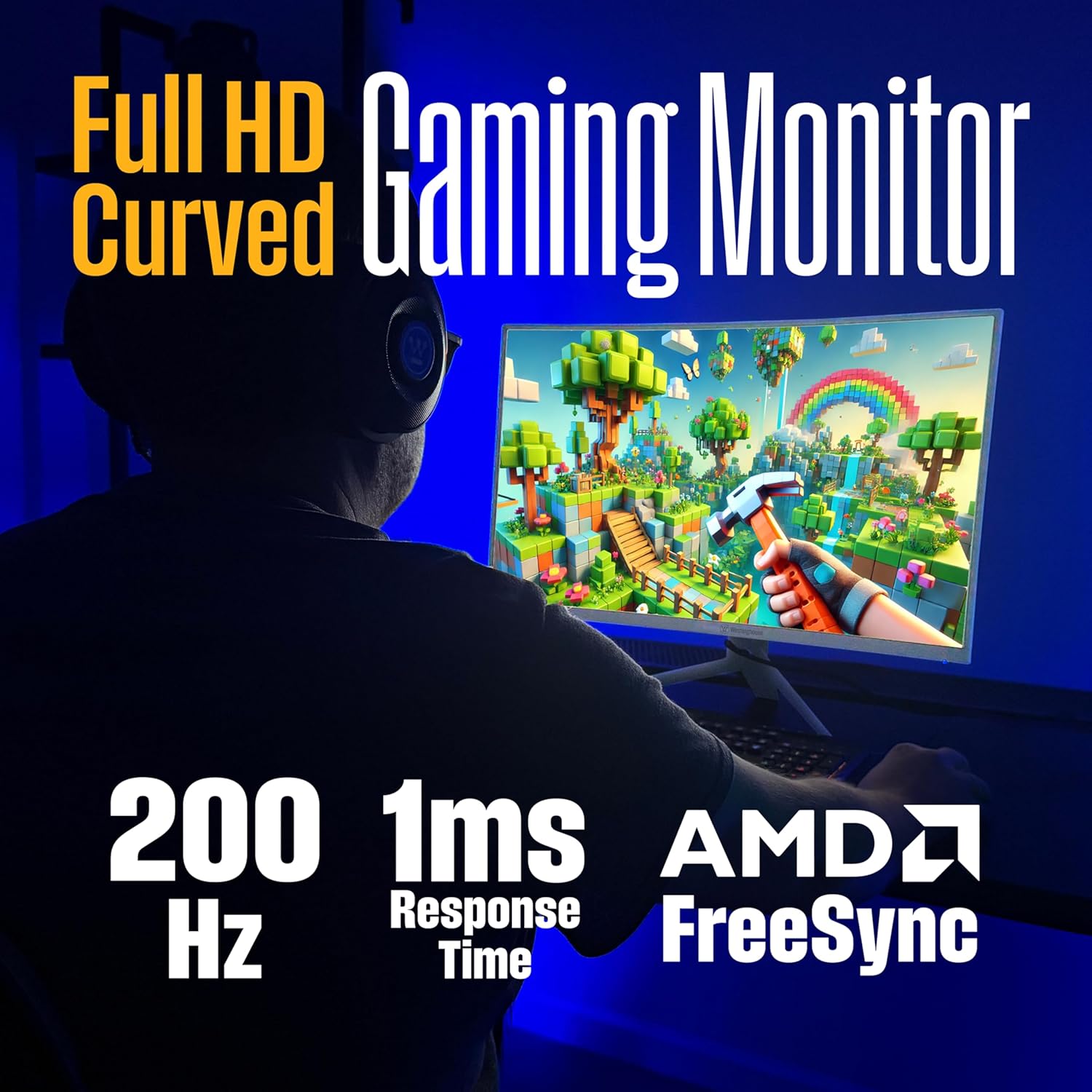 Gaming monitor displaying a game with 200Hz, 1ms response time, and AMD FreeSync logos