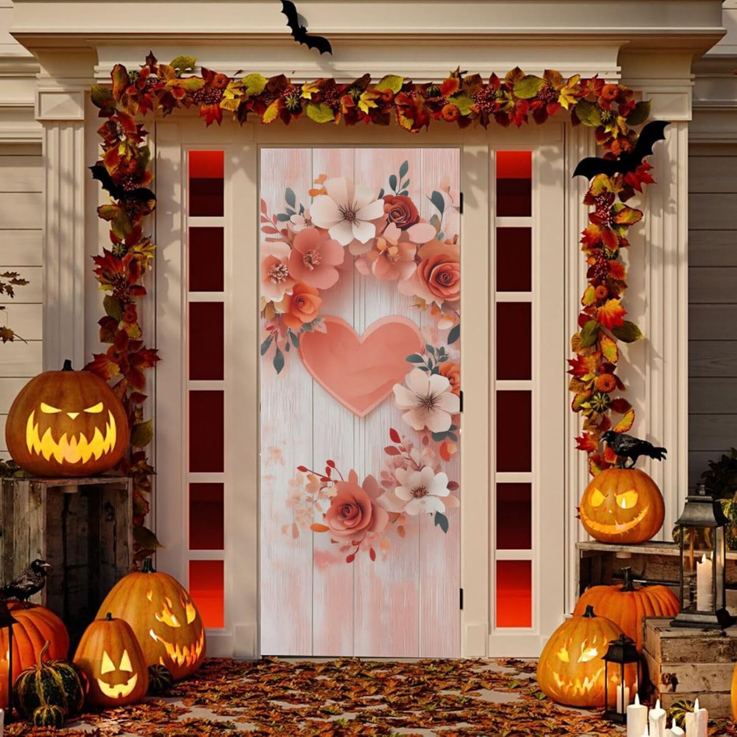 Burbuja Valentine Flower Heart Door Cover, Stretch Fabric Backdrop Door Porch Covers for Home Party Holidays Decoration, 35x79 In