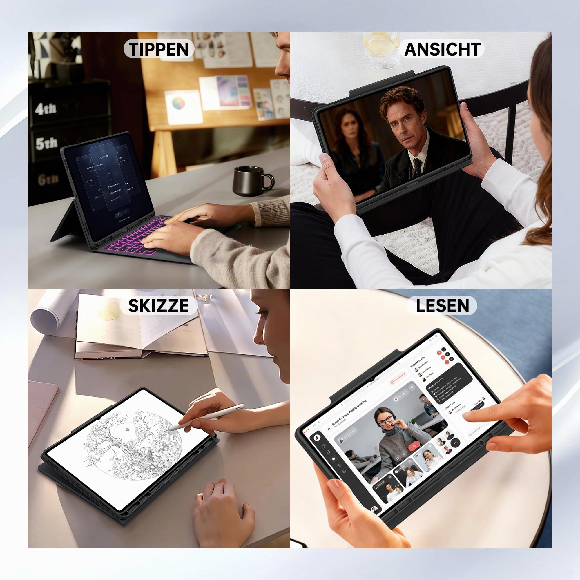 Funda con teclado para Samsung Galaxy Tab S11 Ultra/S10 Ultra/S9 Ultra/S8 Ultra de 14,6 pulgadas con teclado - 7 colores iluminados Folio Tablet Cover con panel táctil -Teclado QWERTZ alemán con
