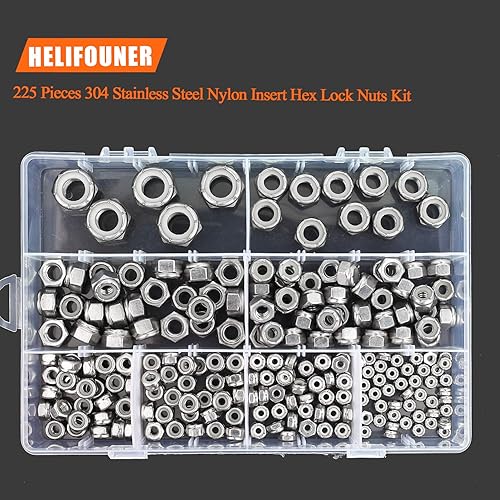 Miniatura 5 de HELIFOUNER Kit surtido de tuercas hexagonales de nailon de 8 tamaños, 225 piezas, acero inoxidable 304 (#4-40 a 12"-13)