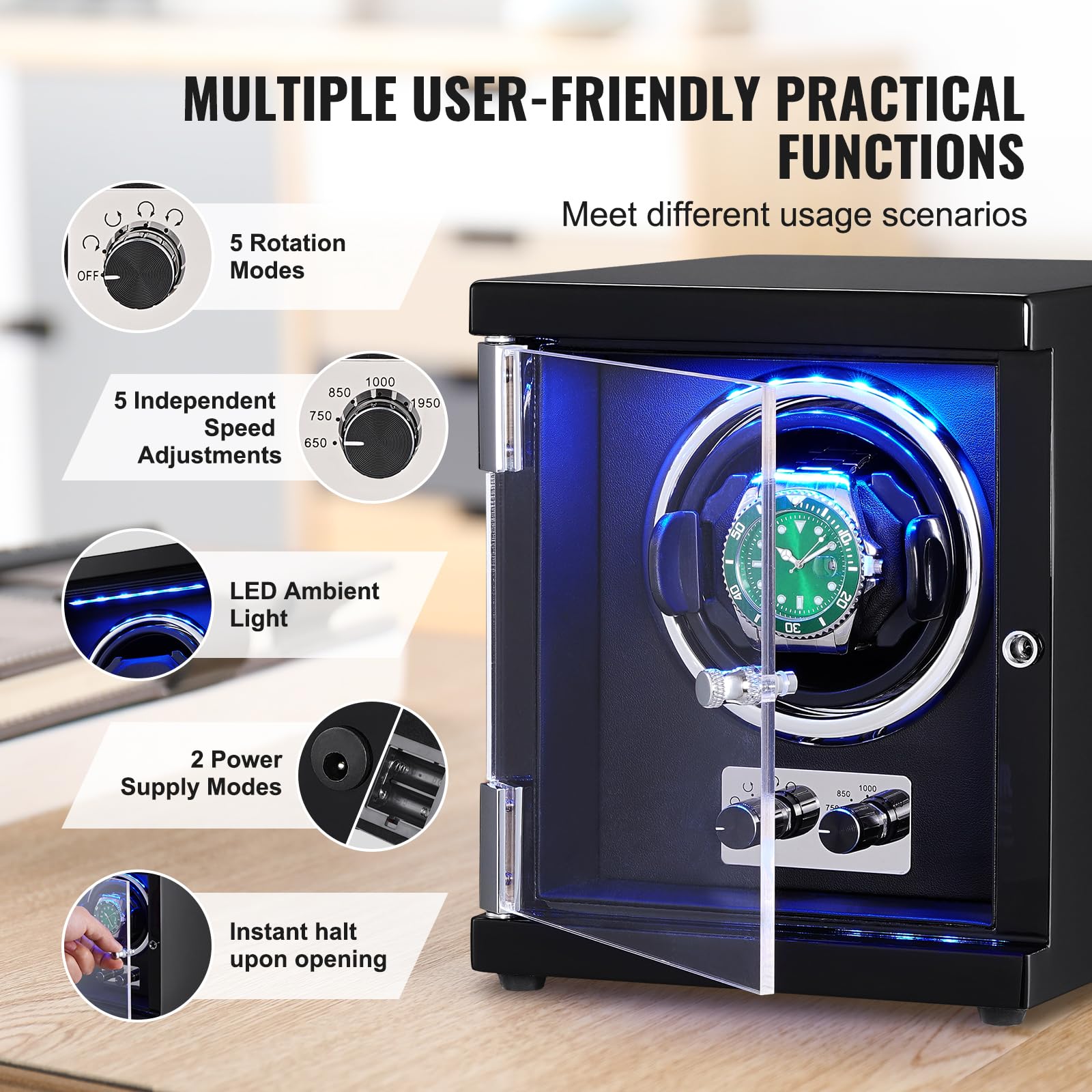 VEVOR Uhrenbeweger, Automatik-Uhrenbeweger, Watch Winder, Uhrenbeweger für Automatikuhren, Automatischer Uhrenbeweger mit Platz für 1 Uhr, LED Beleuchtung, 150–207 mm Einstellbare Riemenlänge
