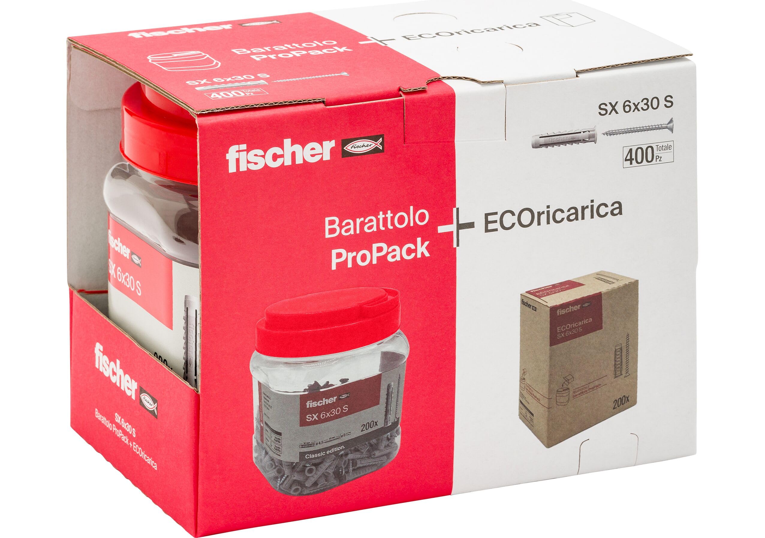 Fischer 400 tacos SX 6 x 30 con tornillo, pack con bote + ECORECARGA