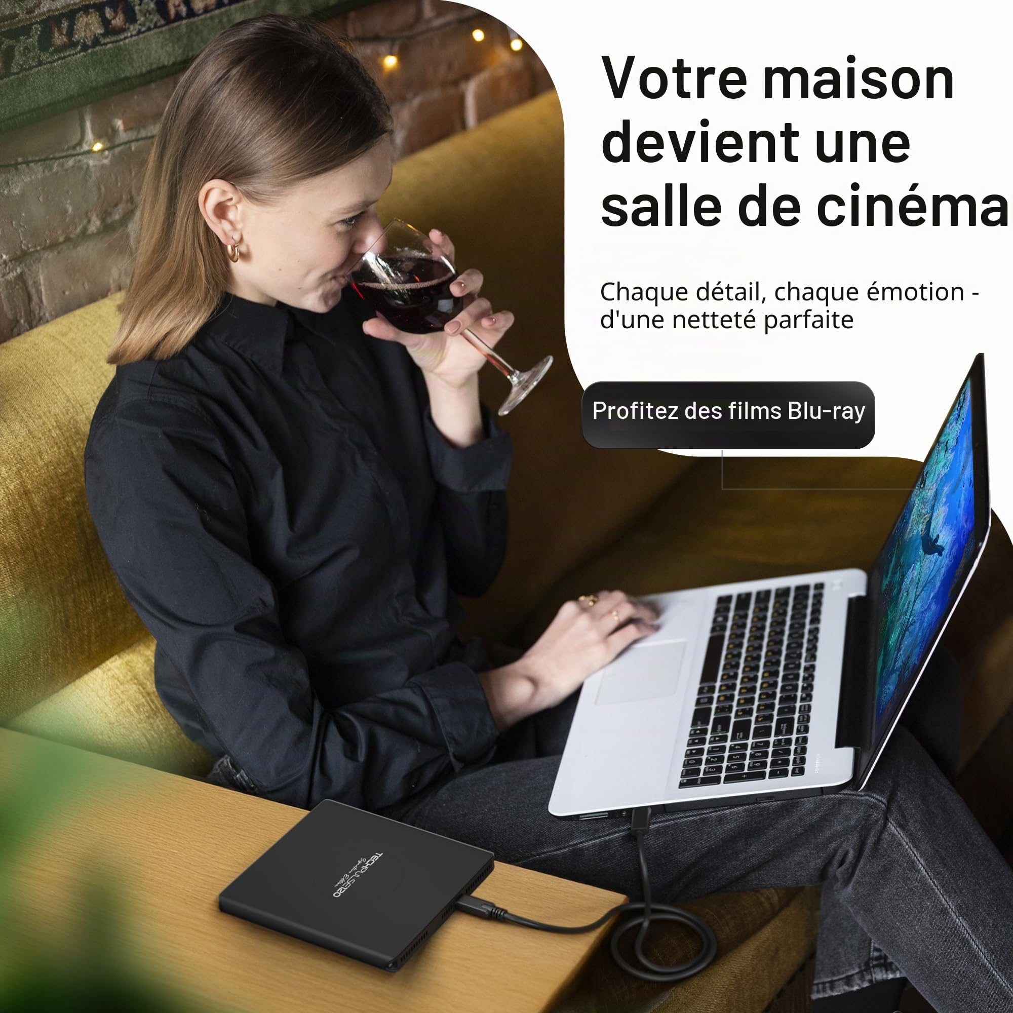 techPulse120 Externe USB 3.1 USB-C UHD 4k 3D M-DISC Blu-ray DVD CD HDR10 128GB Lecteur Graveur Burner Signature Paquet Sac 90cm Câble de Connexion Aluminium (Noir)