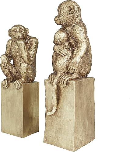 Miniatura 7 de Deco 79 Escultura decorativa de mono de resina para decoración del hogar, juego de 2 figuras decorativas de 18 pulgadas, 15 pulgadas de alto, dorado