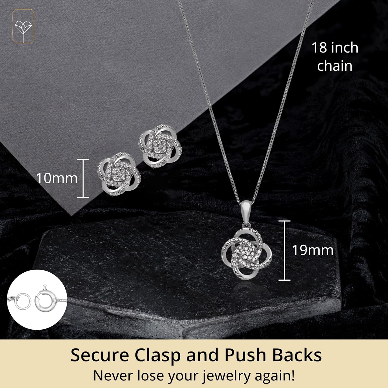 MAX + STONE 1/4 Carat Natural Diamond Love Knot Stud Earrings and Pendant Necklace for Women | Hypoallergenic 925 Sterling Silver Diamond Love Knot Jewelry Sets with 18 Inches Chain and Gift Box
