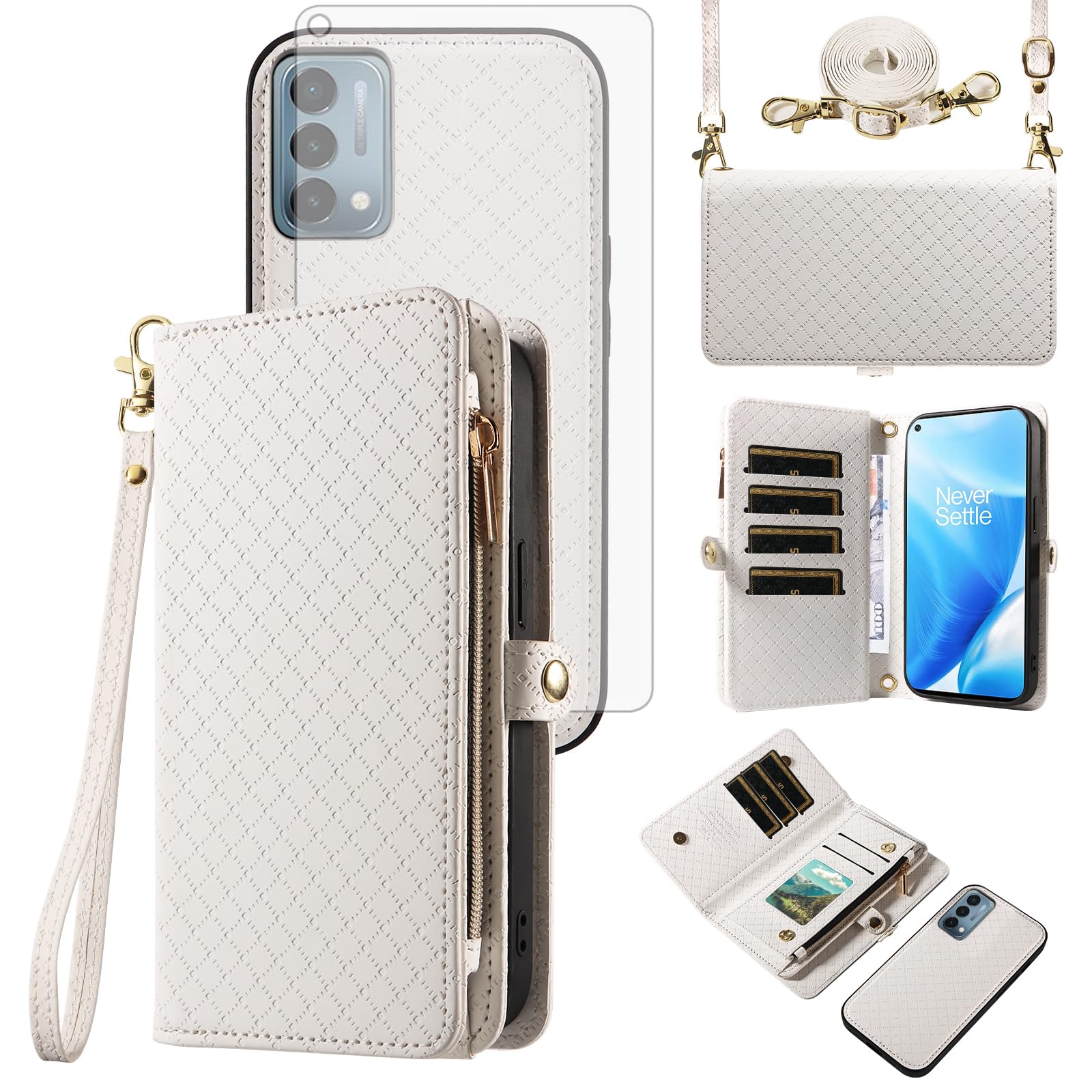 Asuwish Funda para teléfono OnePlus Nord N200 5G con cierre tipo cartera con cierre y correa protectora de pantalla de vidrio templado, tarjetero, One Plus N 200 G5 1 Plus 200N 1plus One+ 1+ N2005G