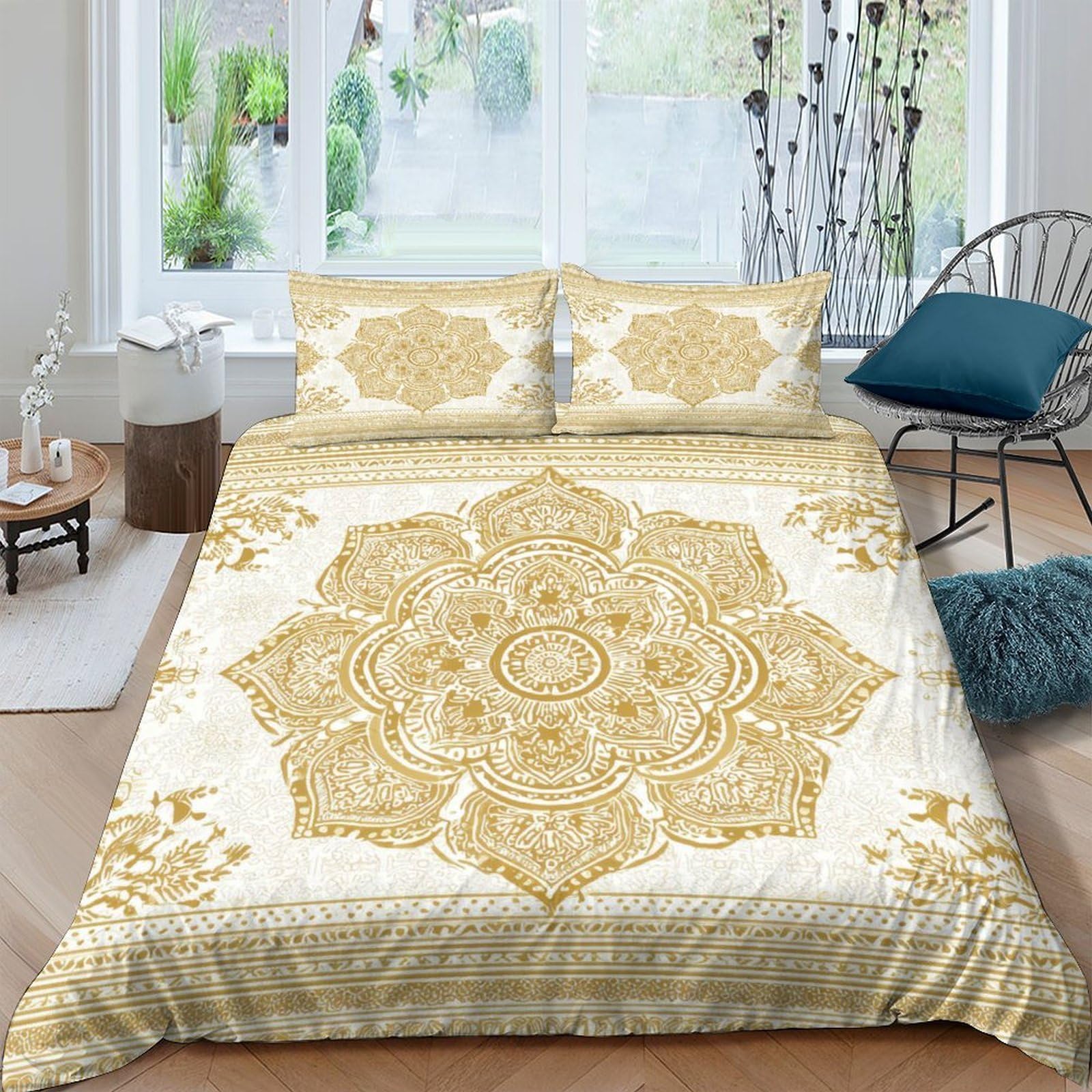 Ctjqhvkz Style-9 3D Printed Mandala Gold Fitted Sheet Microfiber Soft Slip-Resistant Baroque Floral Bed Cover For Bedroom Guestroom Decor Single（135X200cm）