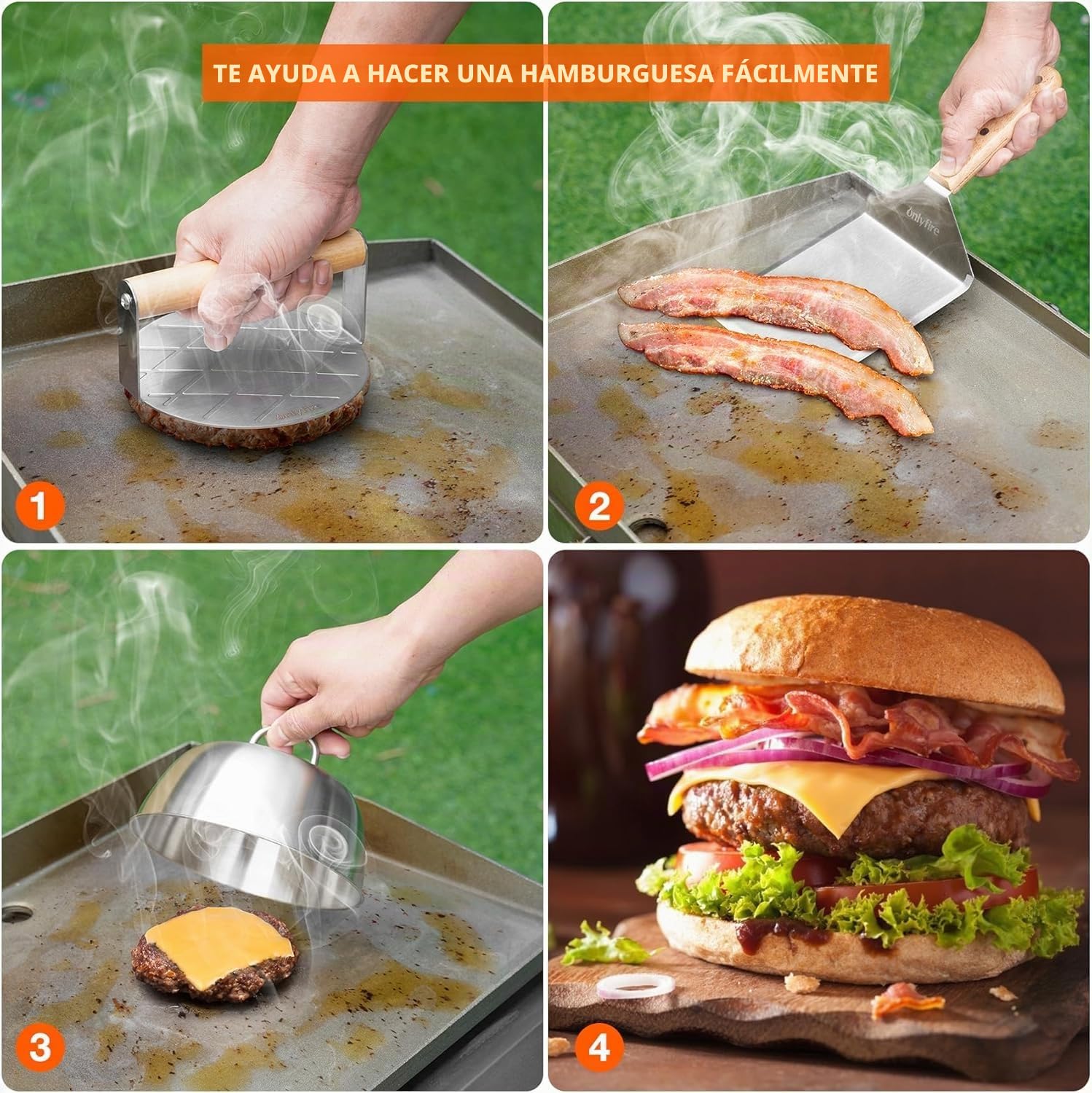 Onlyfire Smash Burger Kit de Acero Inoxidable, Prensa Hamburguesas, Espátula de Cocina y Tapas para Hamburguesas, Kits de Utensilios para Barbacoas para Plancha Superior Plana, Teppanyaki y Camping