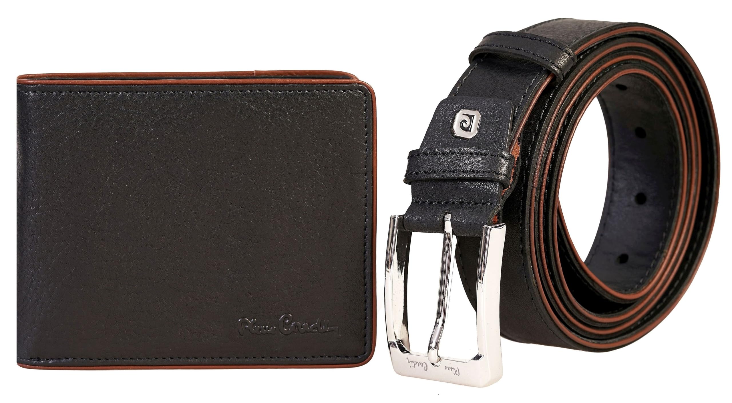 Pierre Cardin Men's Genuine Leather Slim Belt & Billfold Set, Black/Cognac, Male