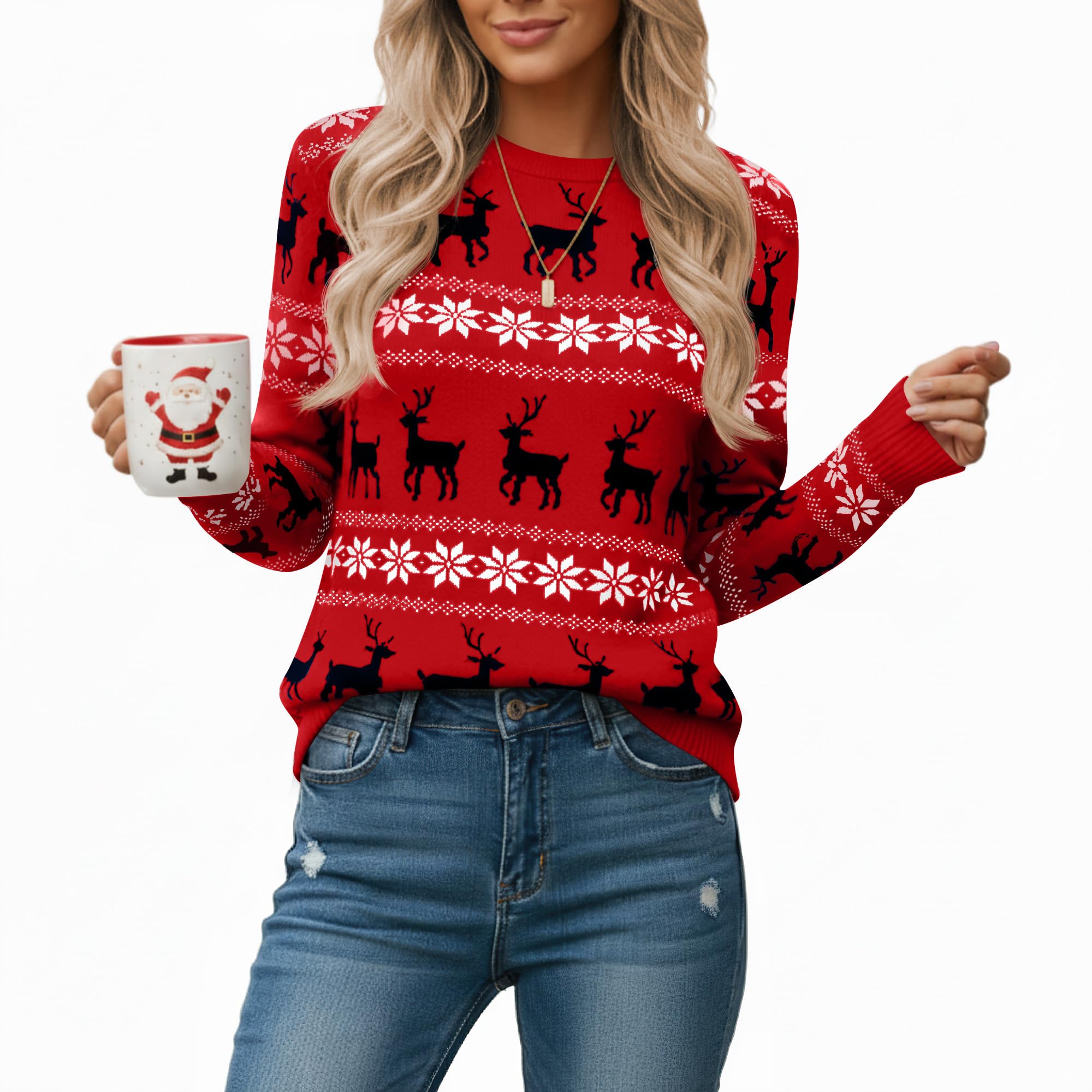 Womens Christmas Sweater Long Sleeve Print Knitted Pullover Tops Xmas Crew Neck Winter Sweatshirt