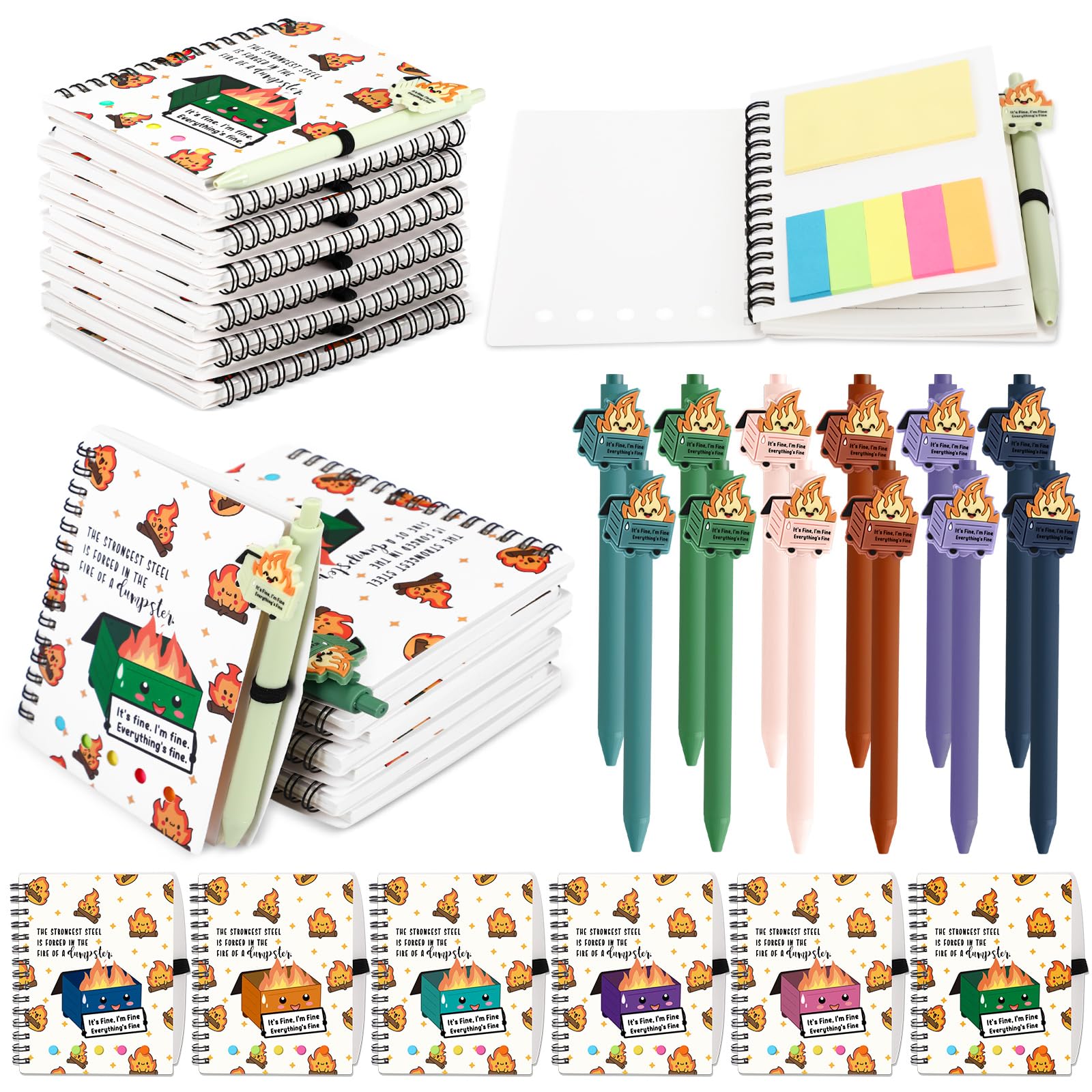 Resurhang 48 Pcs Valentine's Day Dumpster Fire Gifts Bulk A6 Dumpster Fire Notebook Journals with Funny Ballpoint Pens Coworker Valentines Gifts for