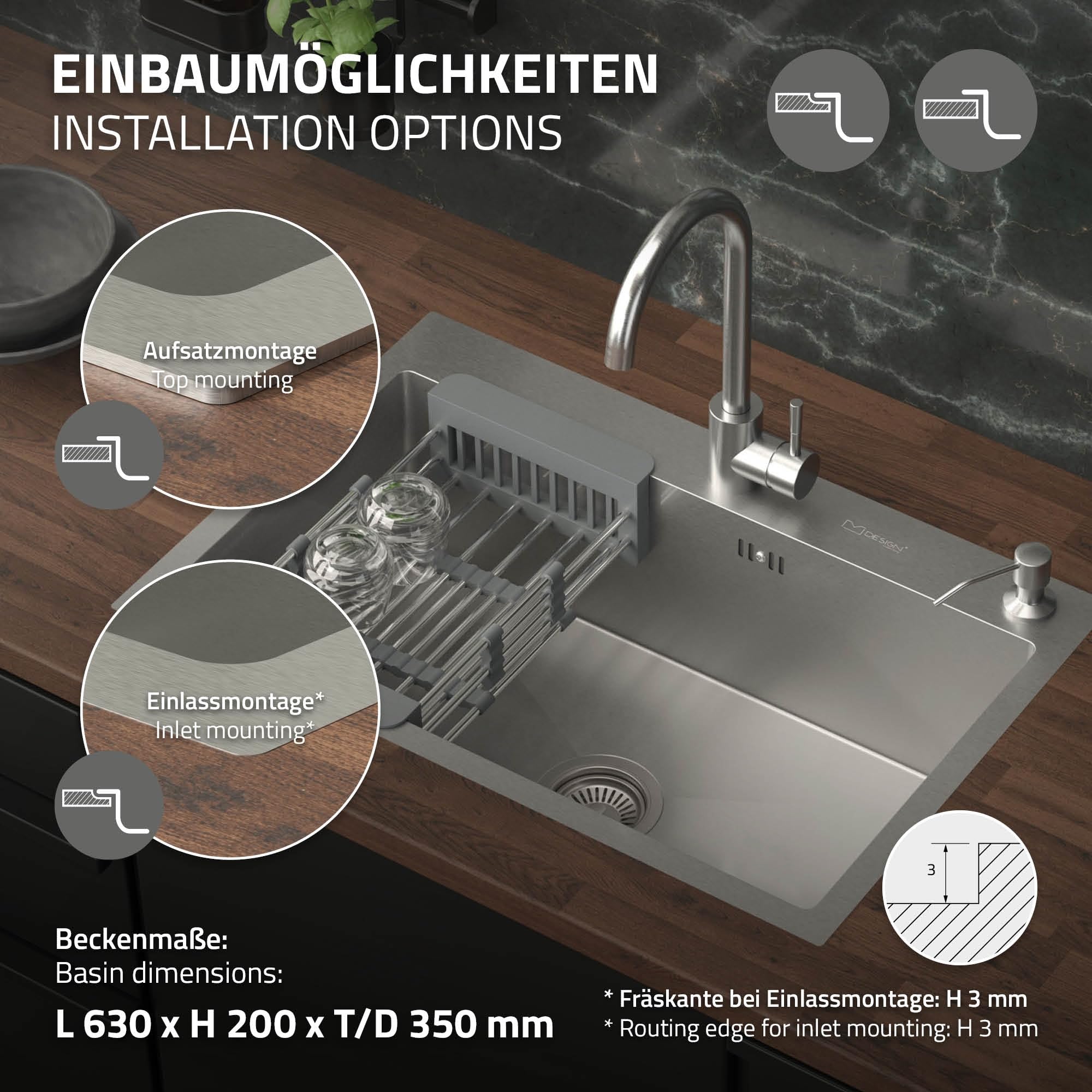 ML-Design Zlewozmywak kuchenny, 68 x 45 cm, z odpływem, dozownikiem mydła i koszem na ociekacz, ze stali nierdzewnej, srebrny, zlewozmywak z umywalką, montaż do zabudowy, umywalka domowa