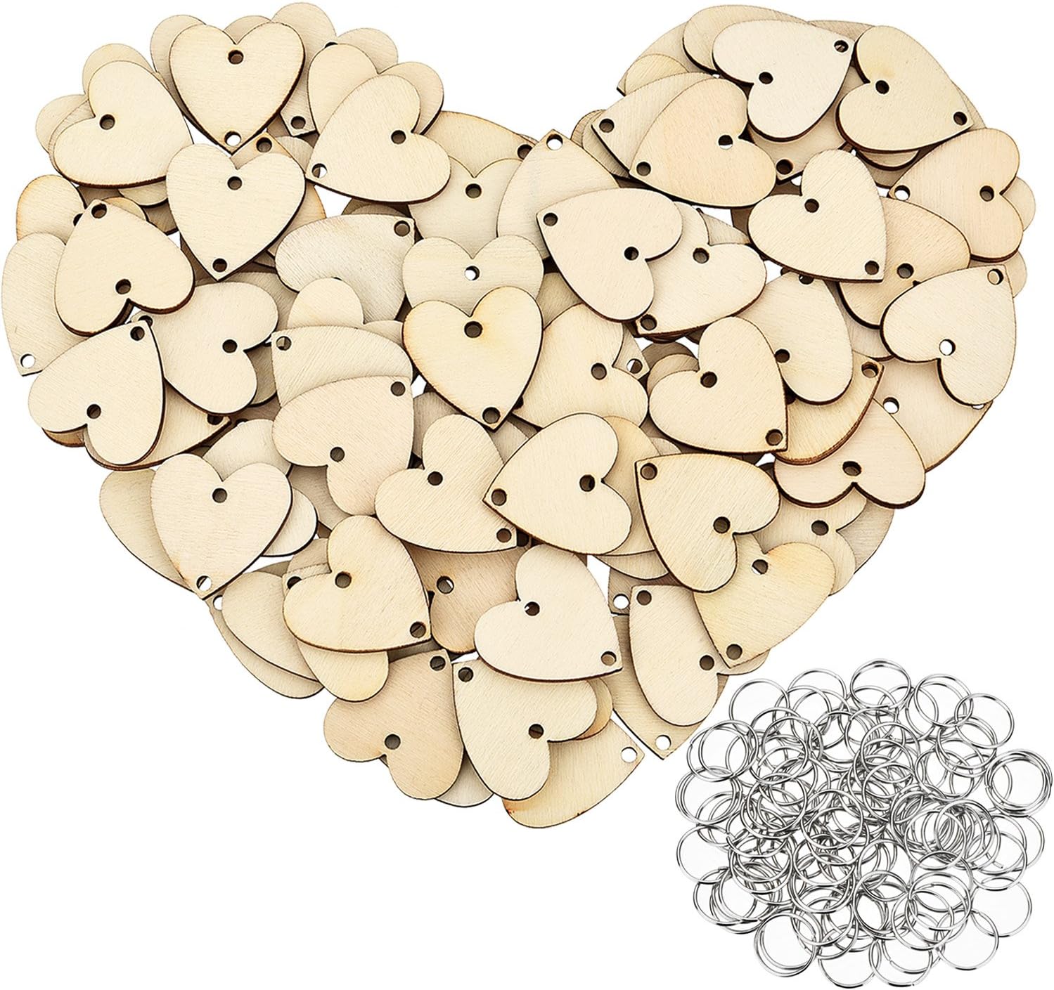 Bememo 100 Pieces Heart Shaped Wooden Discs Wood Tags with 2 Holes and 100 Pieces Rings for Birthday Board Calendar DIY Crafts