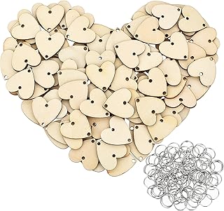 Bememo 200 Pieces in Total, Wooden Heart Tags with Holes and Rings, Family Birthday Plaque Tags Heart Shaped Wood Discs for Birthday Reminder Calendar Board Chore Boards Wedding DIY Crafts