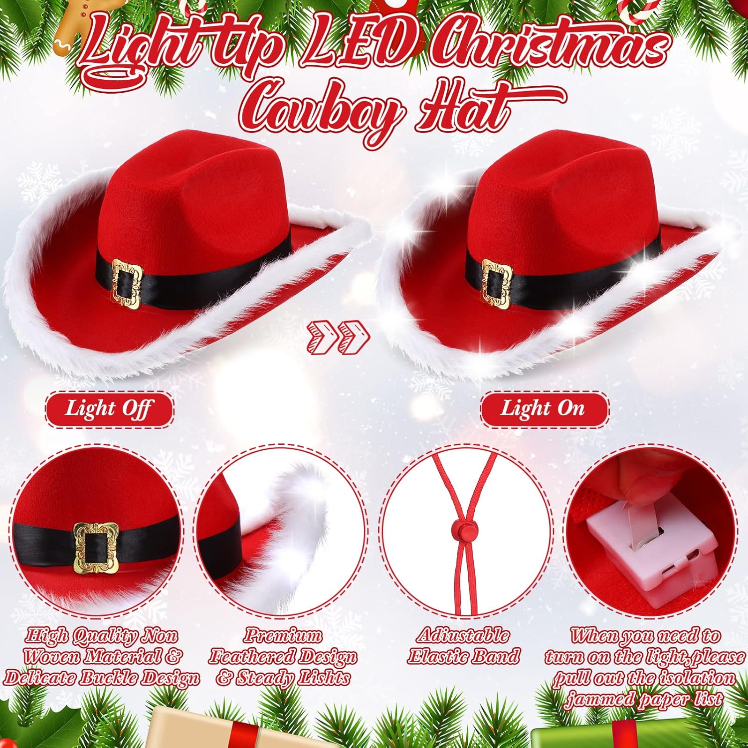 SATINIOR 9 Pack Christmas Lighted Cowboy Hat LED Feather Cowgirl Hat Bandana and Heart Glasses Western Party Costume Set(LED Style, Over 18 Years) - Image 3