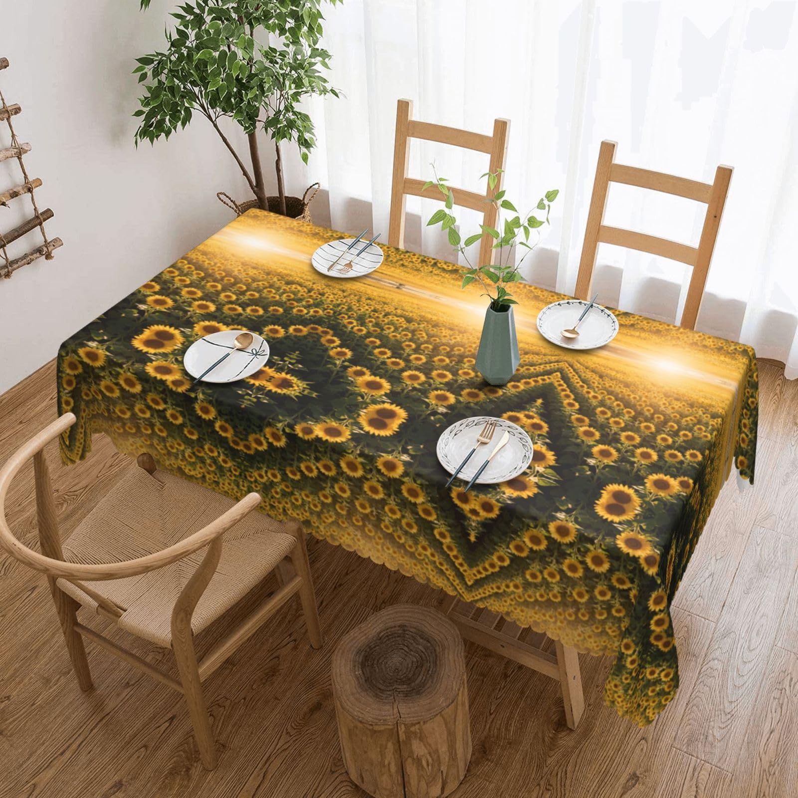 CNTDBU Sunflower Field Bloom Scalloped Edge Tablecloth 54x72-Waterproof Stain Resistant Wrinkle Free Cover, Square Table Cloth for Dining Party