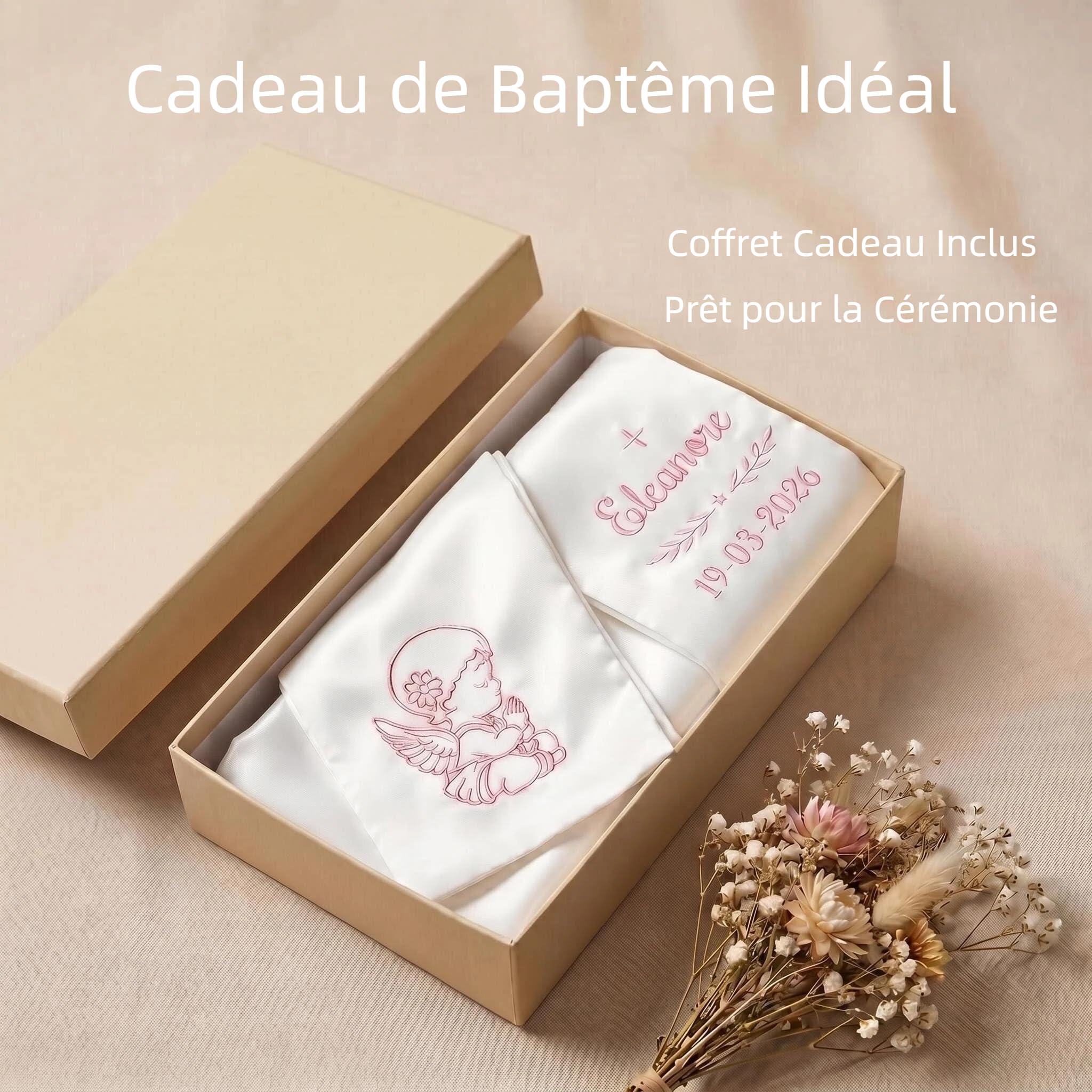 XIAOMA Écharpe de Baptême Personnalisée Enfant, Écharpe Communion Brodée Prénom et Date, Écharpe Blanche Satin Ange ou Croix, Cadeau Baptême Fille Garçon avec Coffret Cadeau, Personnalisation 48h