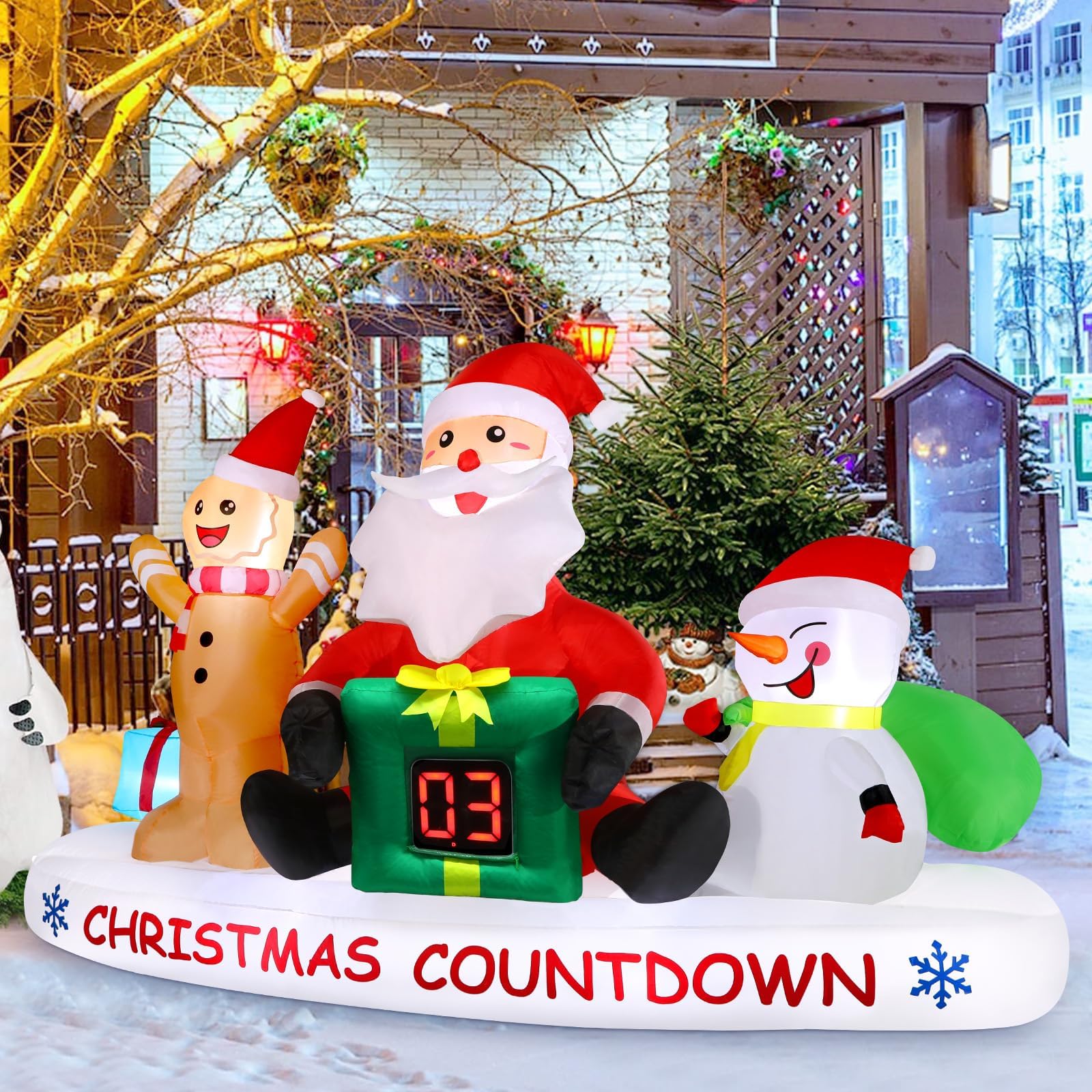 alupssuc 8 ft christmas inflatable outdoor decorations with led christmas countdown clock, snowman santa and gingerbread man, lighted blow up lawn yard clearance for indoor xmas holiday party decor
