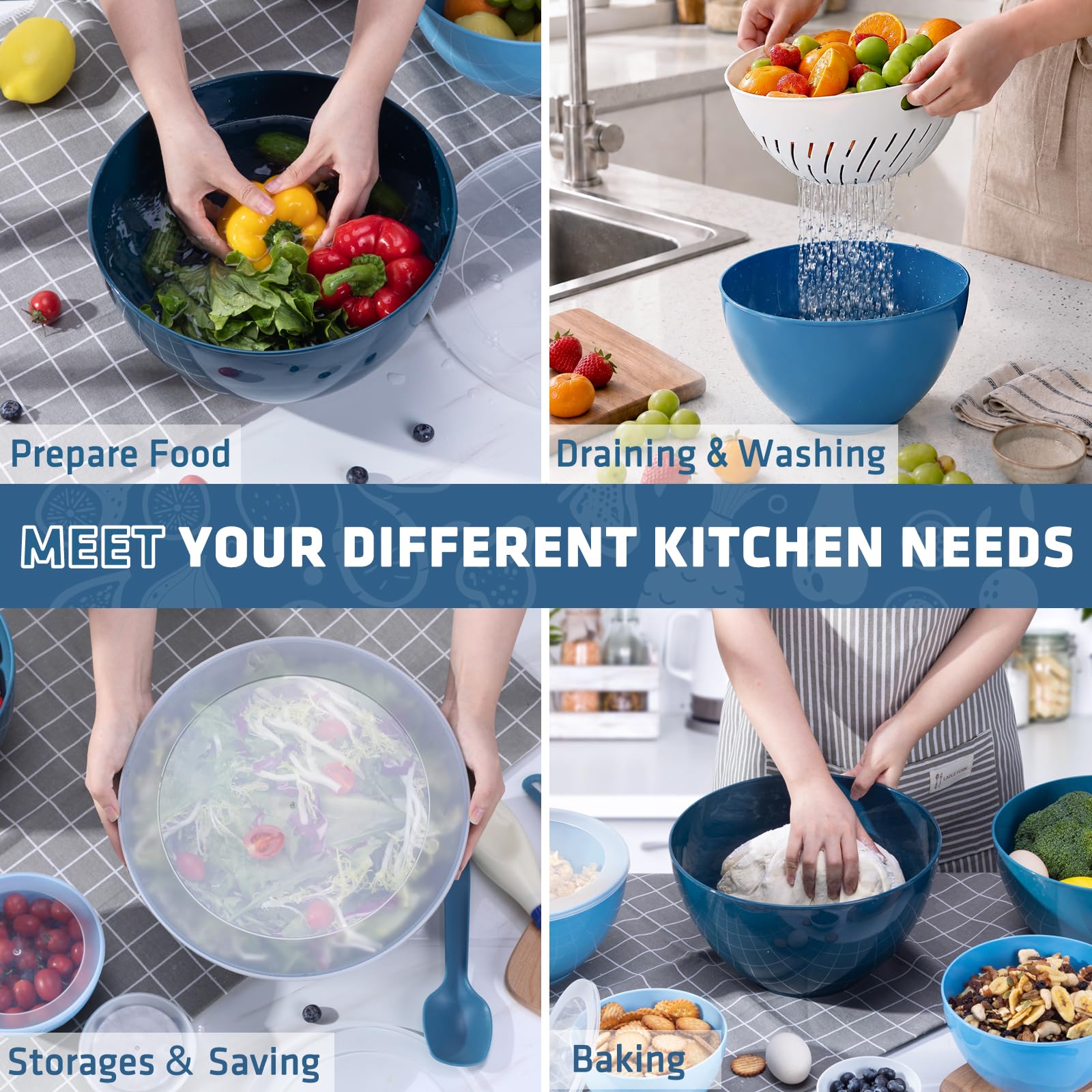 Luxear Juego de 7 Cuencos Cocina con Tapas A Prueba de Fugas y Cesta de Drenaje, Ensaladera de Plástico con Tenedor Y Cuchara, Reutilizables para Microondas, Frigorífico, Oficina, Picnic