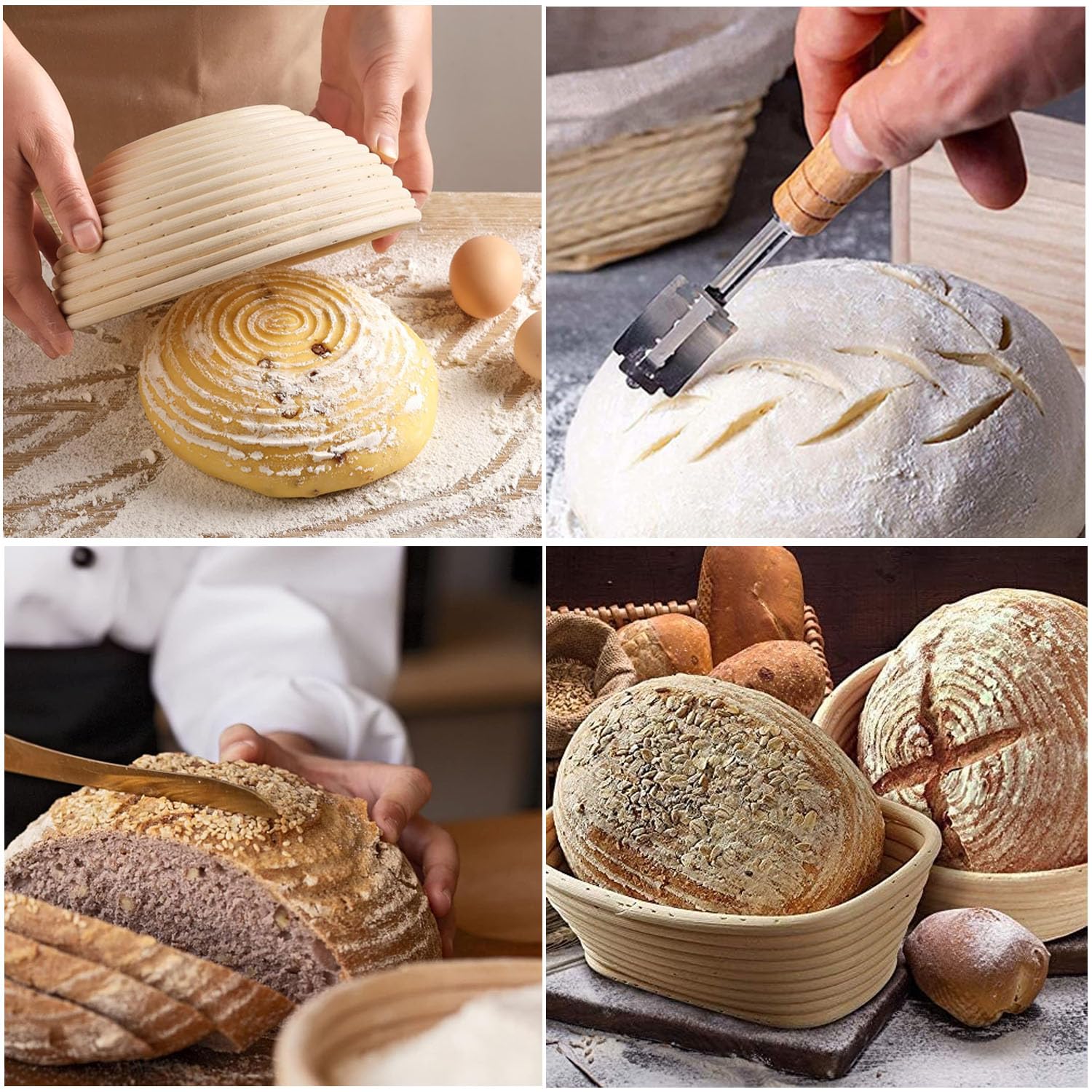 Panier à pain rond en rotin avec doublure en lin - 22 cm - 100 % rotin naturel - Pour levain - Comprend un coupe-pâte, un coupe-pain, pour boulangers professionnels et amateurs
