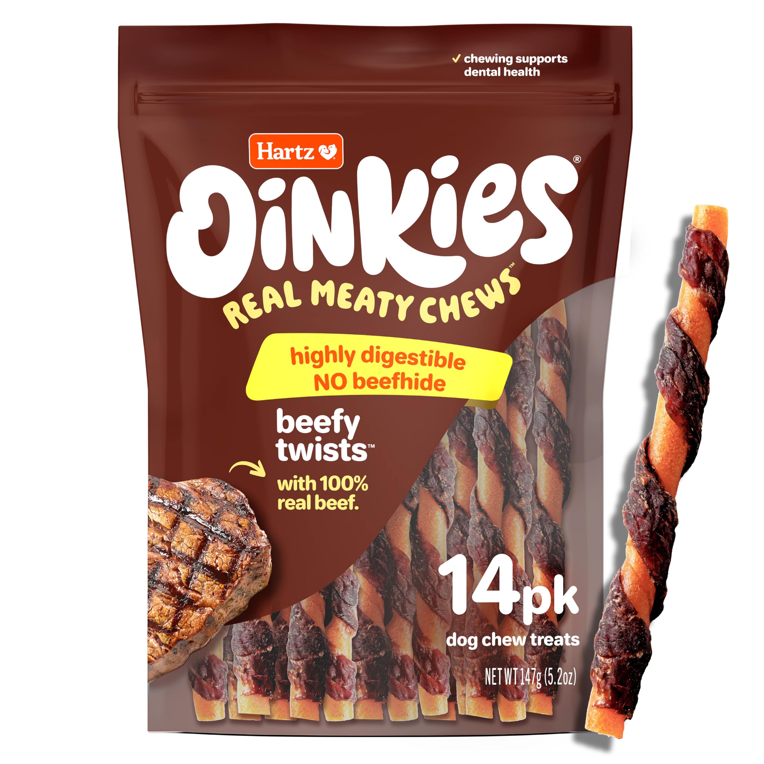 Oinkies Beefy Twists with 100% Real Beef Flavorful Beefhide-Free Natural Dog Treats, 14 Count
