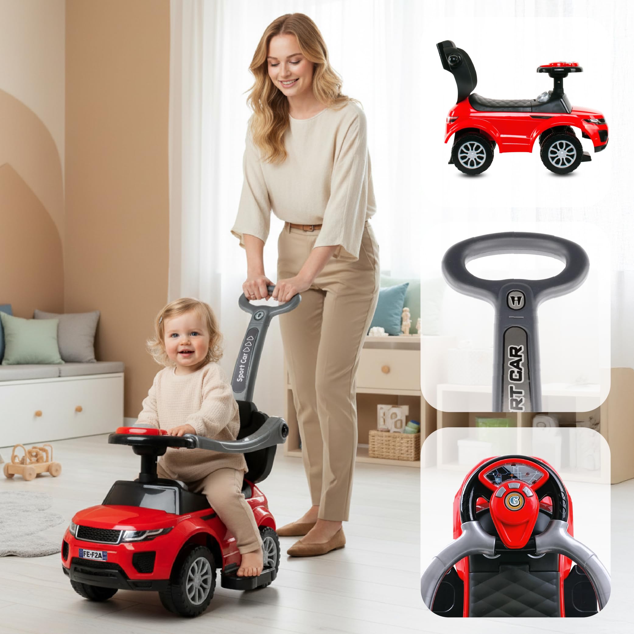 Auto a spinta per bambini 4in1, scivolo a partire da 1 anni, con clacson e musica, spazio per riporre i bagagli sotto il sedile (Rosso)