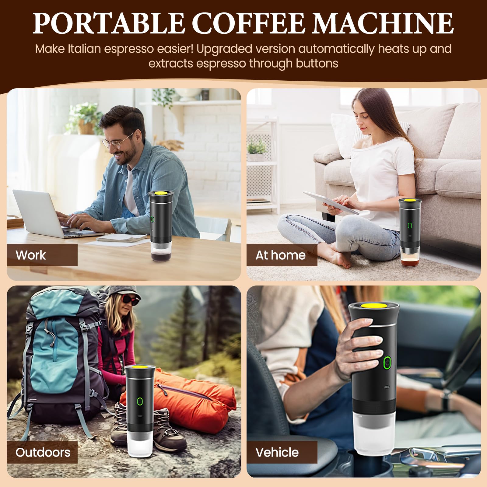 Macchina per caffè portatile, 3 in 1, caffettiera portatile 12 V, auto-riscaldamento da 4 a 6 minuti, piccole capsule, grandi capsule, caffè macinato, per campeggio, ufficio, casa, auto (nero