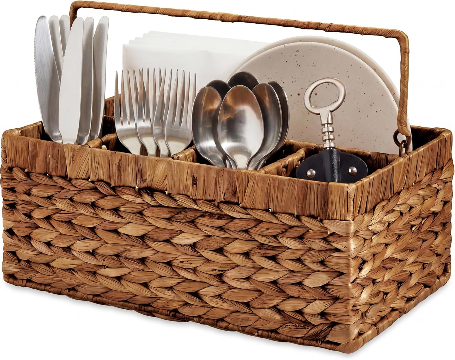 Best Choice Products Utensil Caddy w/Handle - 5 Compartments, Woven Wicker Utensil Silverware Flatware Organizer, Cutlery Basket Holder for Countertop, Party, Picnic, BBQ, Kitchen Storage - Chestnut