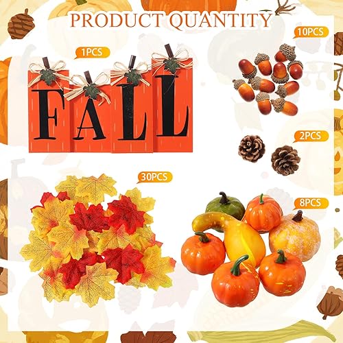 Miniatura 3 de Roowest Juego de 50 piezas de decoración de cosecha de calabazas de otoño, mini calabaza artificial, hojas de otoño, bellotas y 4 piezas de madera