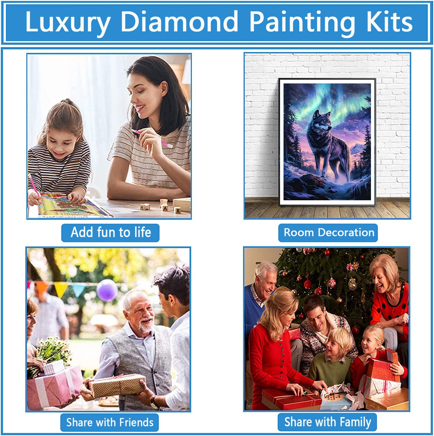 Peinture Diamant 5D Loup Aurore Boréale 50x70 Cm - Kit Complet Broderie Diamant Plein Rond, Loisir Créatif Adulte Pour Décoration Murale
