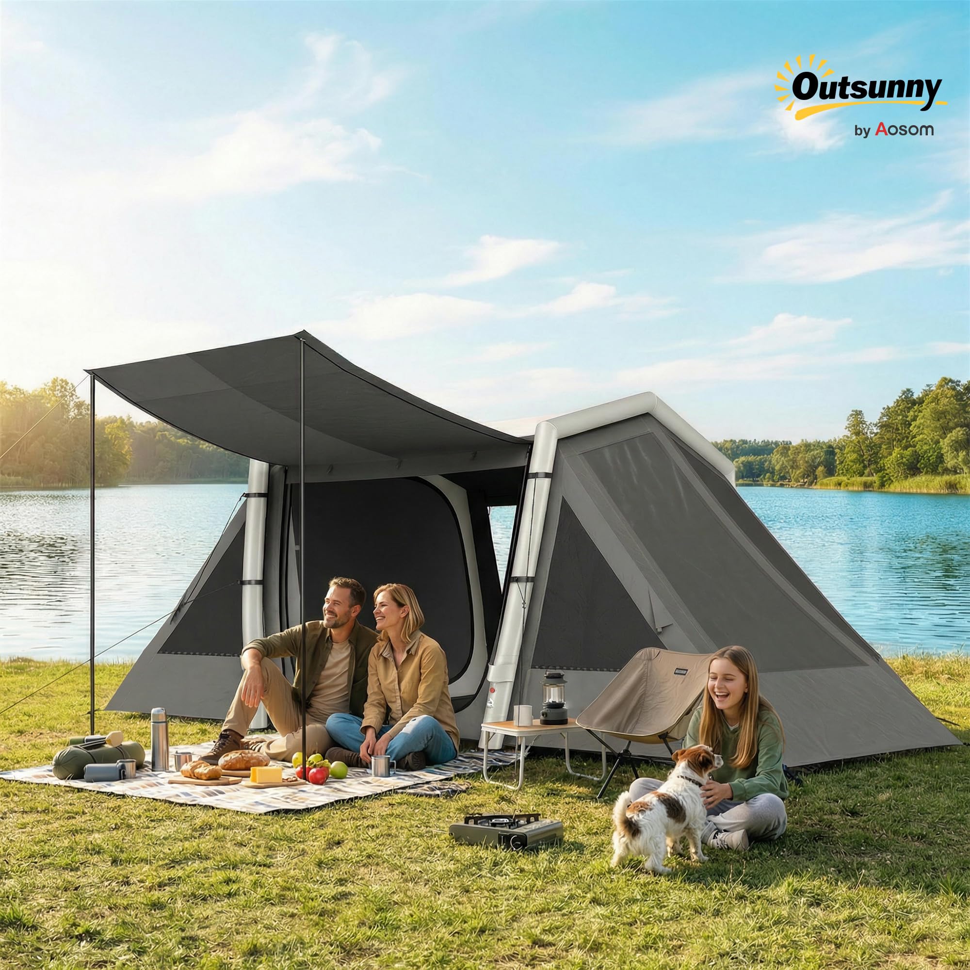Outsunny Blackout, tenda gonfiabile da campeggio per 4 persone, tenda ad aria, lunga 5,8 m, con 2 camere da letto e soggiorno, impermeabile, 3000 mm, con pompa, tettoia e picchetti fluorescenti