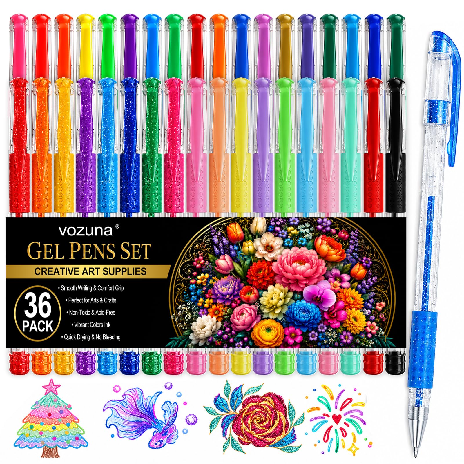 Vozuna Glitter Gel Pens, 36 Colour Gel Pen Set – 8 Glitter, 8 Metallic, 8 Neon, 8 Pastel & 4 Classic Coloured Gel Pens for Adult Colouring, Journaling & Drawing