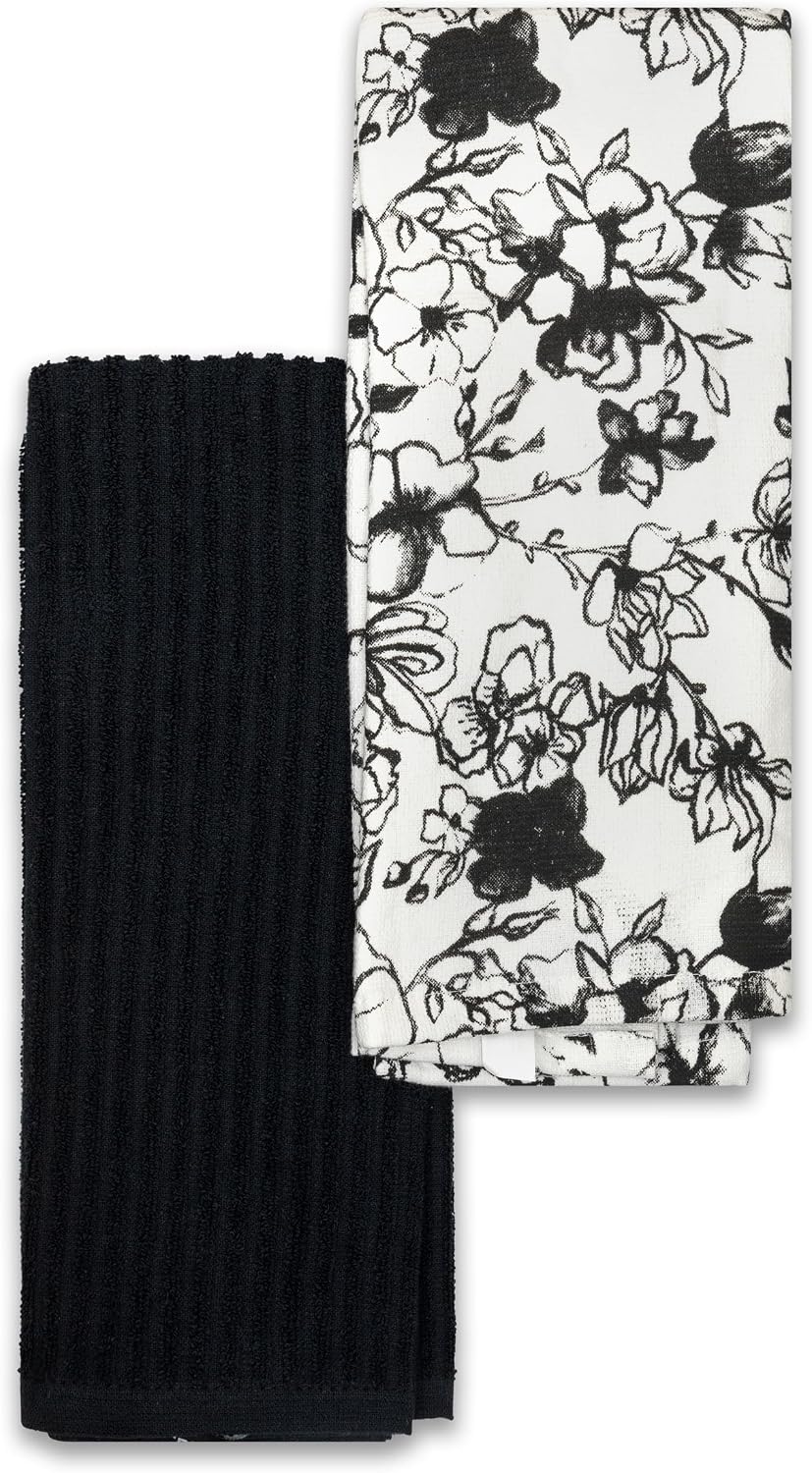 Frigidaire Blyth 2-Piece Cotton Kitchen Towel Set-Black and Flower Print