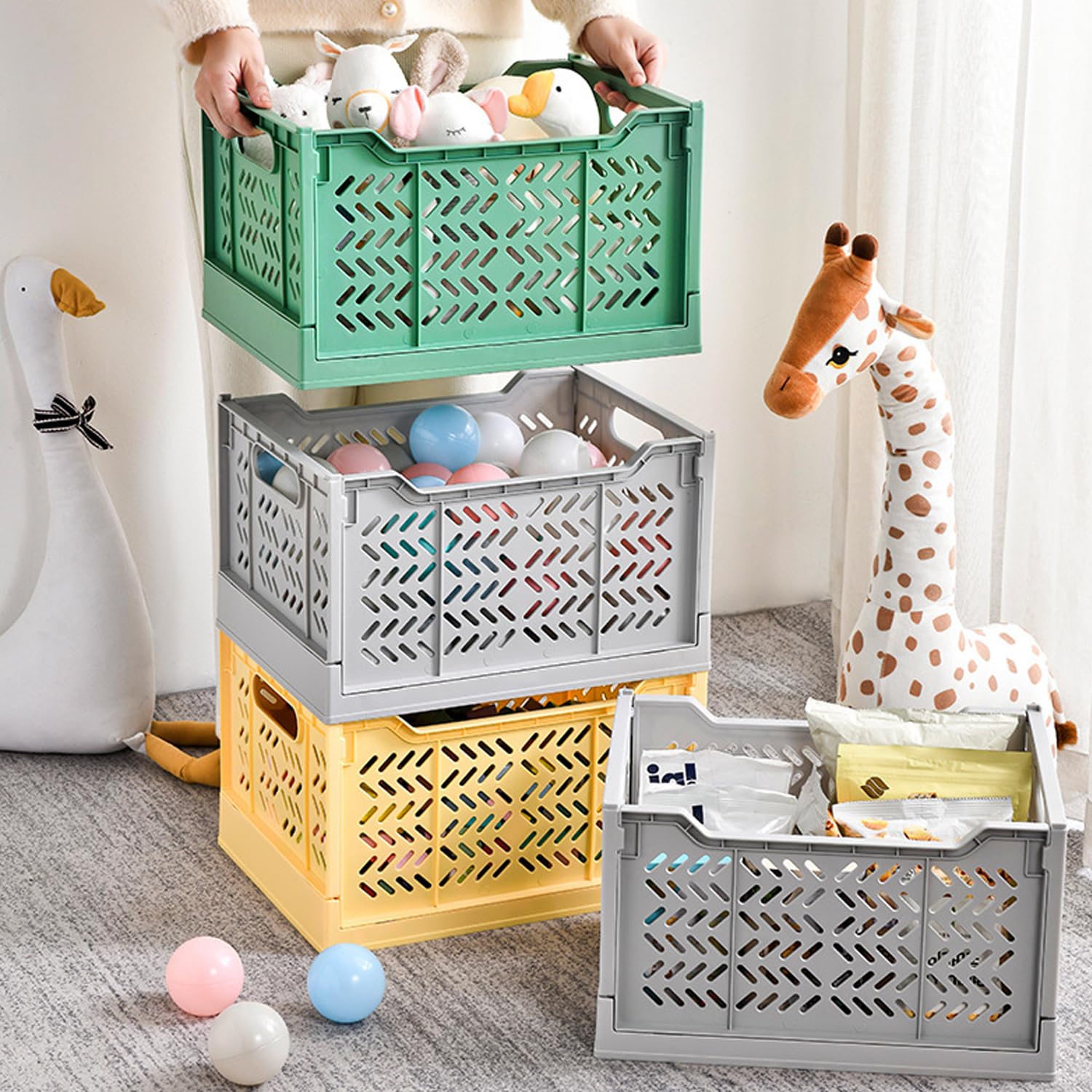 Lot de 2 Grandes Boîtes de Rangement Pliables-Caisses de Rangement en Plastique Empilables-Paniers de Rangement Pliables pour la Cuisine, le Salon, la Chambre à Coucher(Jaune)